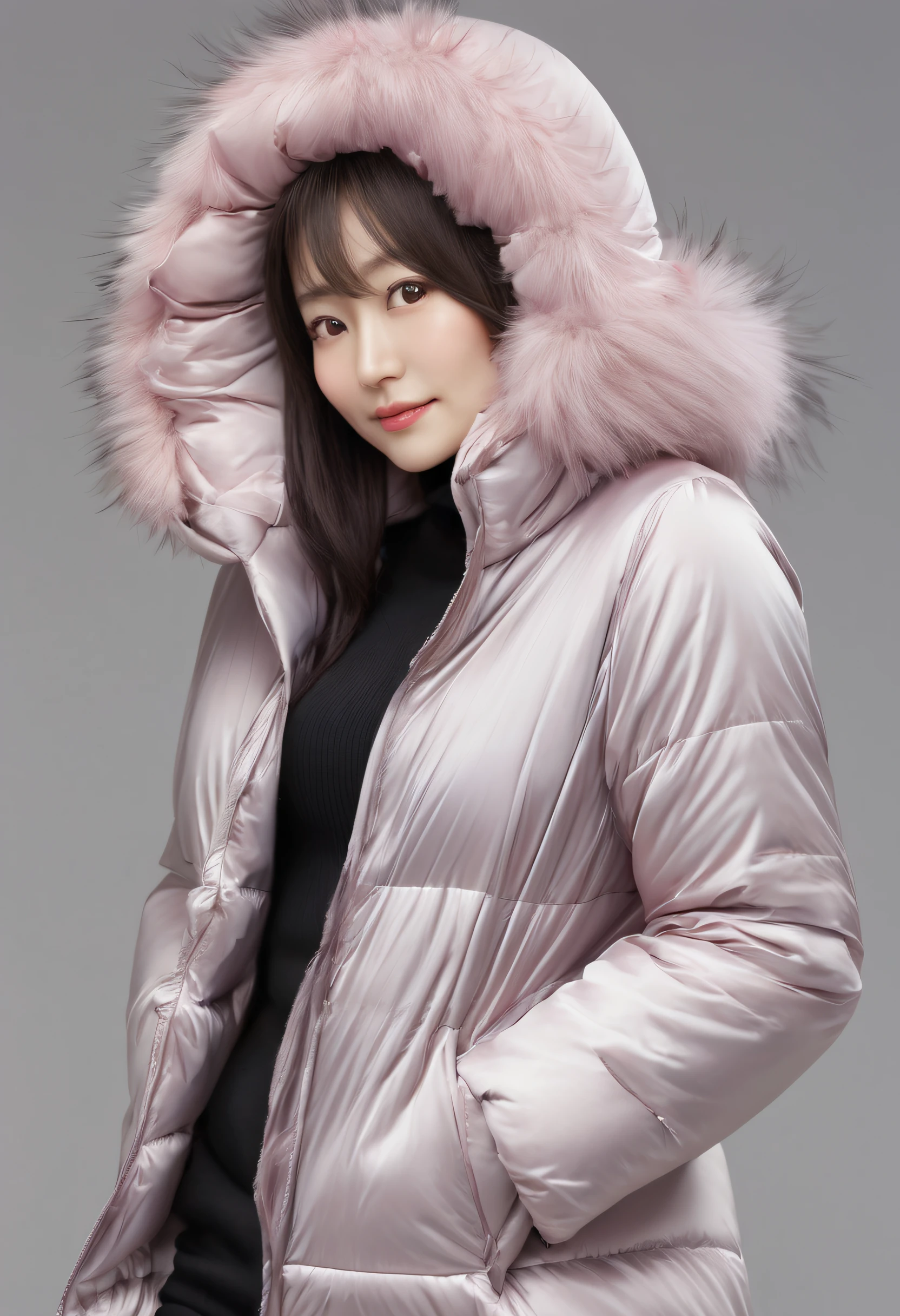 40 years old Japanese woman,  pale skin,  bright lipstick , wearing a( very tight and short) ((silk))  puffer coat, photorealistic, masterpiece, fur hood, cleavage, open coat, sexy,  cute, blushing, large breasts, silk bra, smile, Zettai ryōiki, boots, thighs