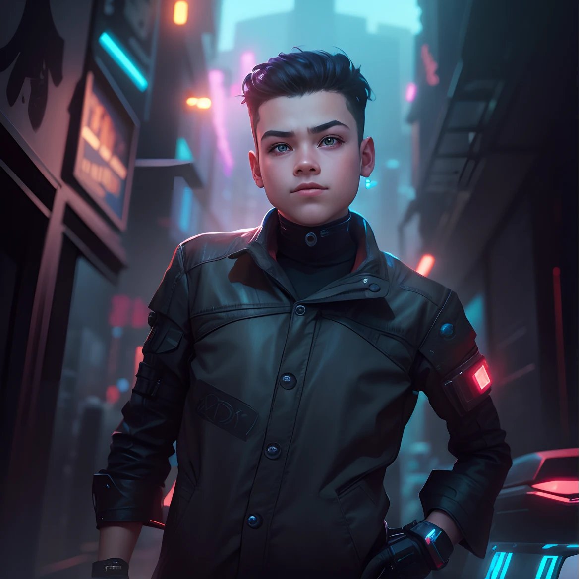 Cyberpunk little boy futuristic background realistic face high quality 8k ultra
