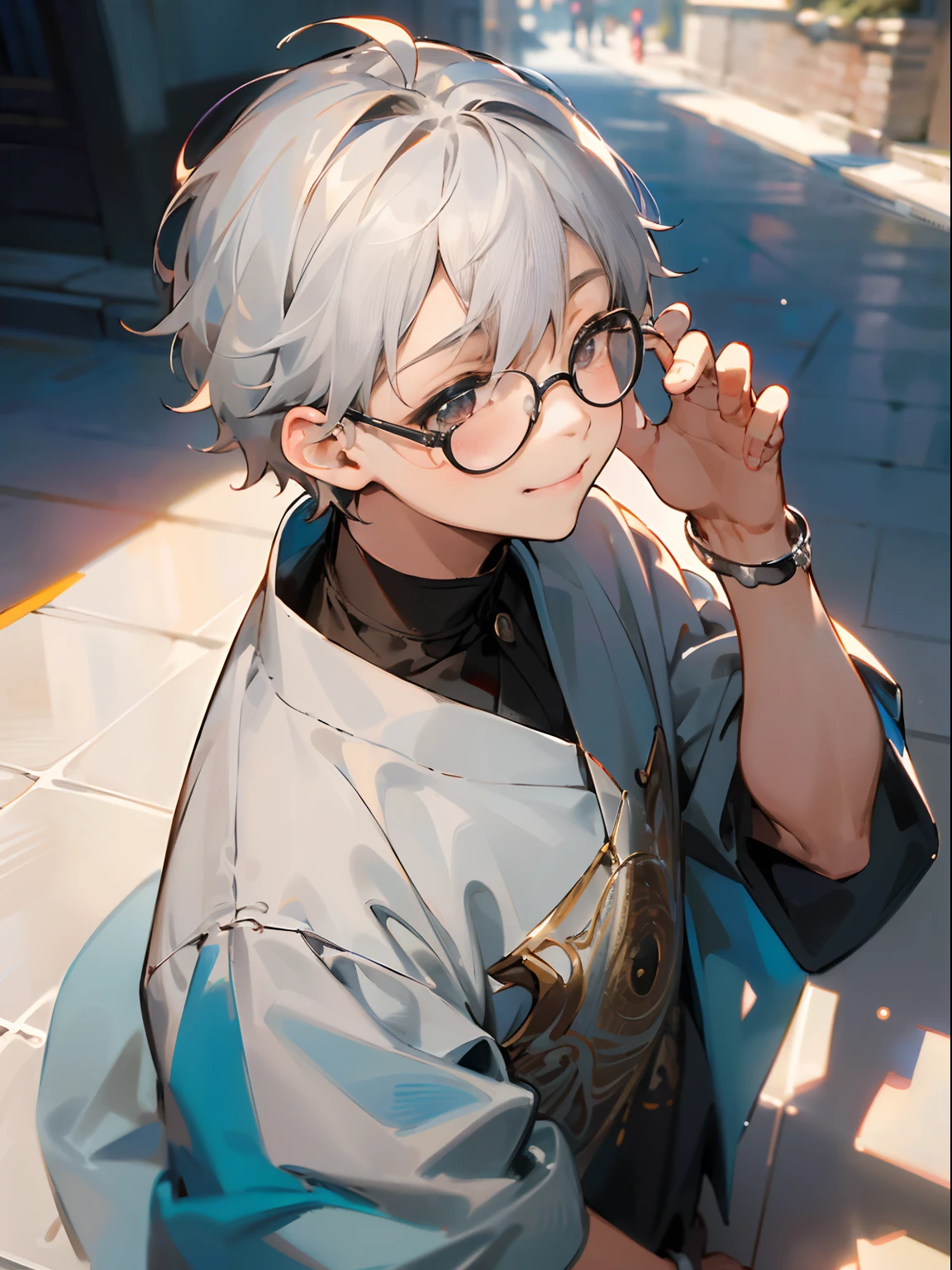 (Male child, eye glasses,A smile, silber hair，look up to),(((​masterpiece)))、(((top-quality)))、((ultra-definition))、(High Definition CG Illustration)、((extremely delicate and beautiful)),Street，the met