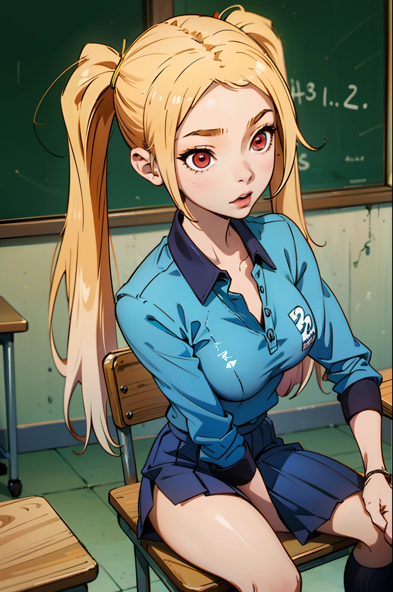 Prompt: (masterpiece:1.2, best quality), usaki chan solo, school uniform, classroom, day, sit, blonde, twintails, red eyes, open collabone, darkskin, (open breasts:1.1),