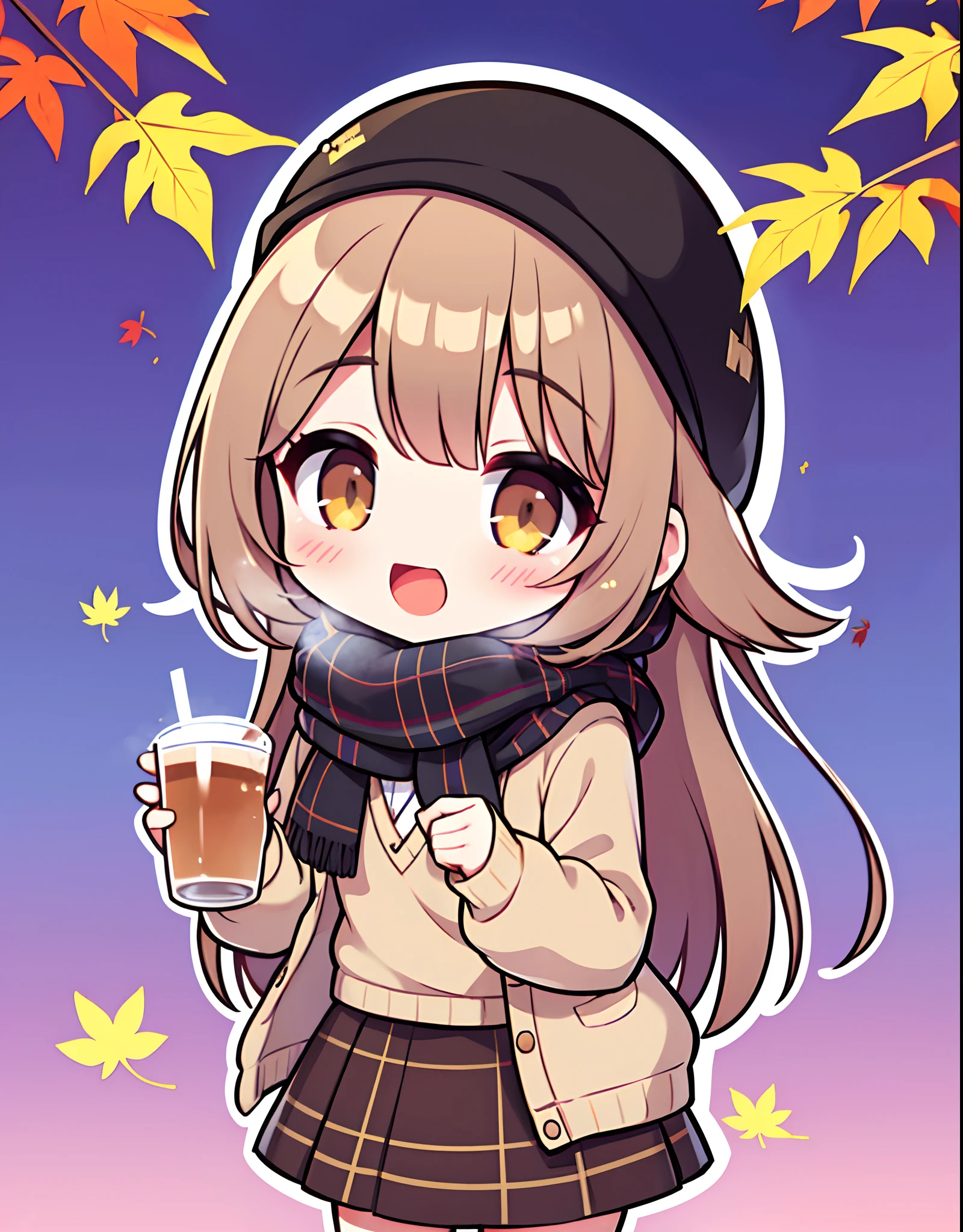 1Girl, maple, bangss, black headwear, blured background, blush, Brown eyes, Brown hair, Brown scarf, Brown skirt, cardigan, coffee, cowboy shots, A cup, Disposable cups, drink, falling leaves, beanie, retention, holding a drink, leaves, Long hair, Long sleeves, looking up at viewer, Open cardigan, Open mouth, plaid, plaid skirt, Fluffy long sleeves, Red sweater, scarf, shirt, tuck in your shirt, sidelocks, skirt, Smile, Solo, Sweaters, White shirt, Extremely detailed, intrikate, Masterpiece, absurderes