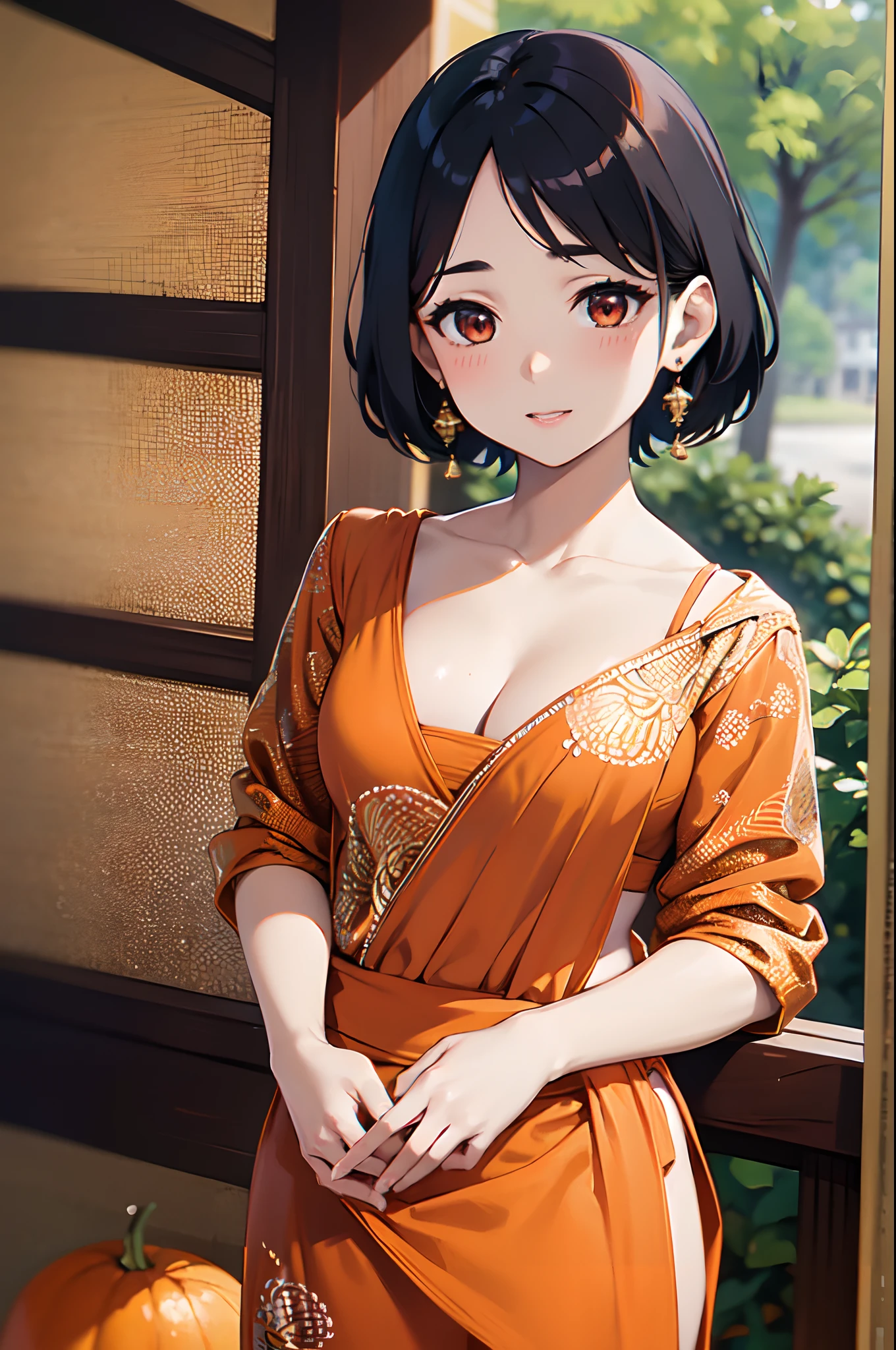 1 chizuru ichinose, (wearing orange saree, autumn background, teen, anime girl, indian, anime style), solo, red eyes, short hair, black hair, dreamy eyes, seductive, sexy, hot, looking at viewer, masterpiece, ultra realistic, cleavage, NSFW, ultra high resolution, photorealistic:1.3, wallpaper, realistic, 8k, UHD, Extremely detailed, top quality, ultra detailed, absurdres