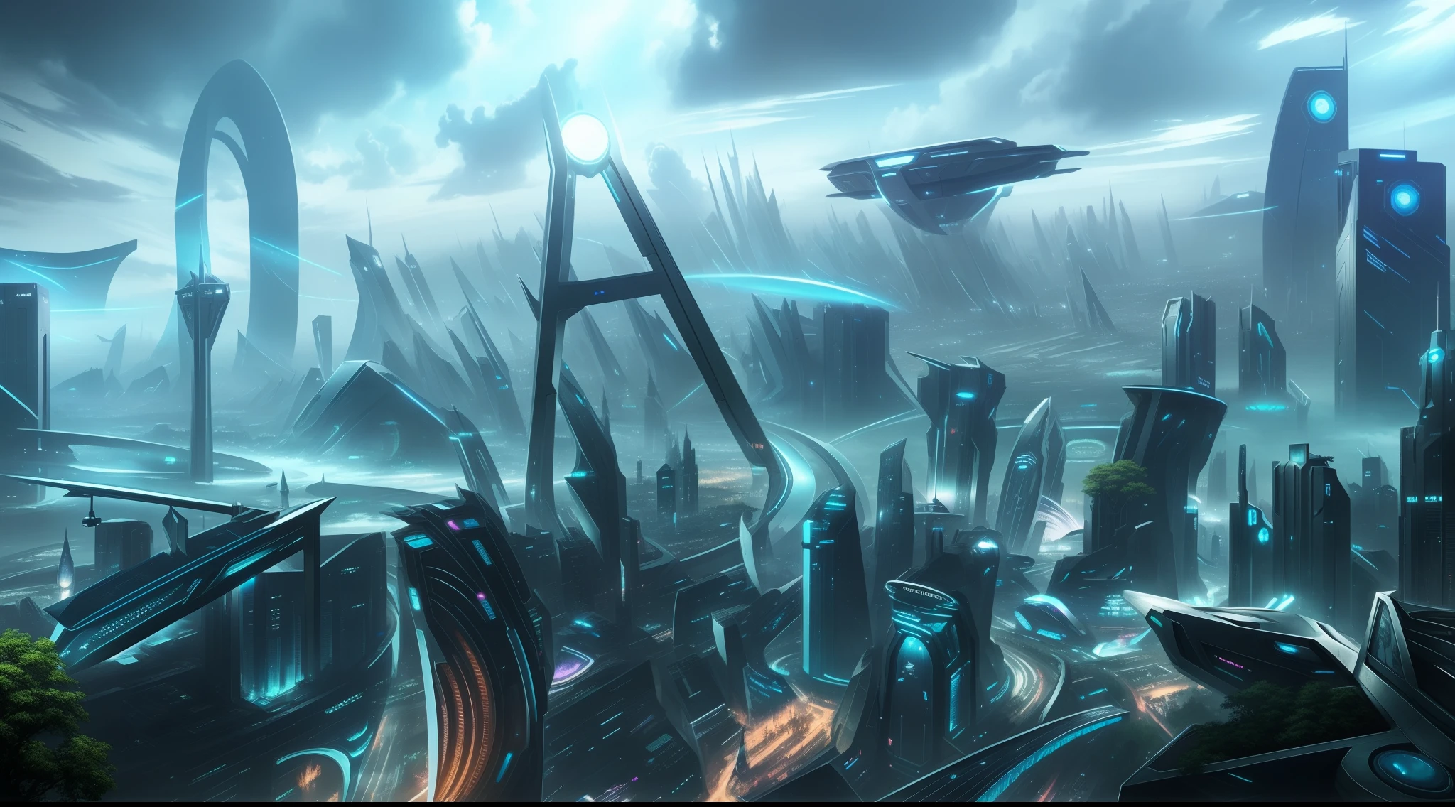 Futuristic city with many buildings and a large number of cars, in fantasy sci - fi city, futuristic utopian metropolis, future concept art, in 2 0 5 5, futuristic dystopian city, Science fiction city, futuristic metropolis, futuristic cyberpunk scenario, inspired by Stephan Martiniere, The future city, futuristic utopia, inspired by Stephan Martiniere