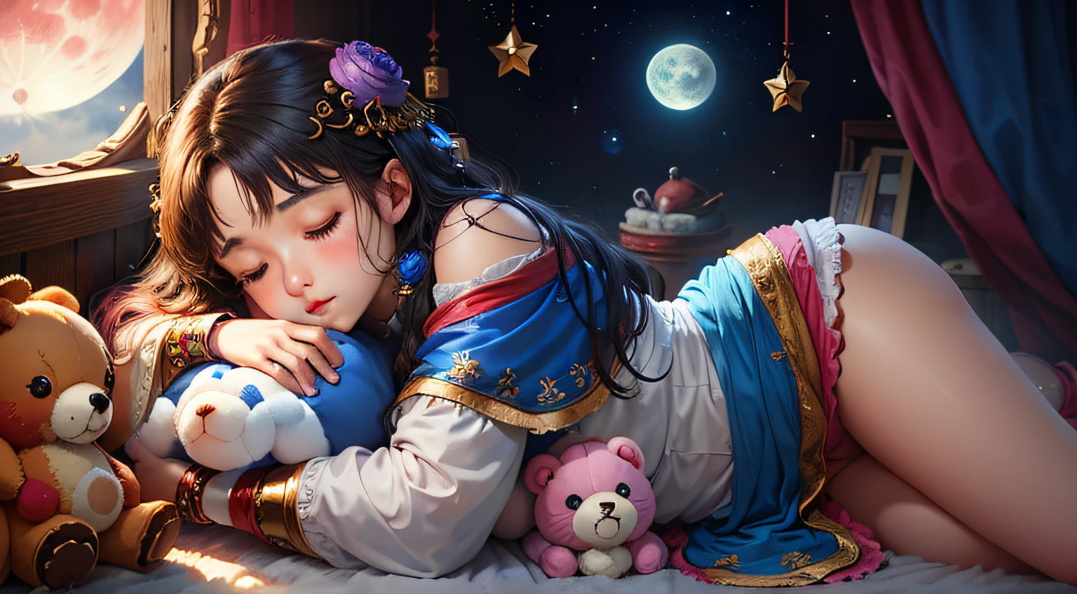 colorful、on badroom、kosmos、Big Moon、realistic、The girl is sleeping、Only one stuffed animal、超A high resolution