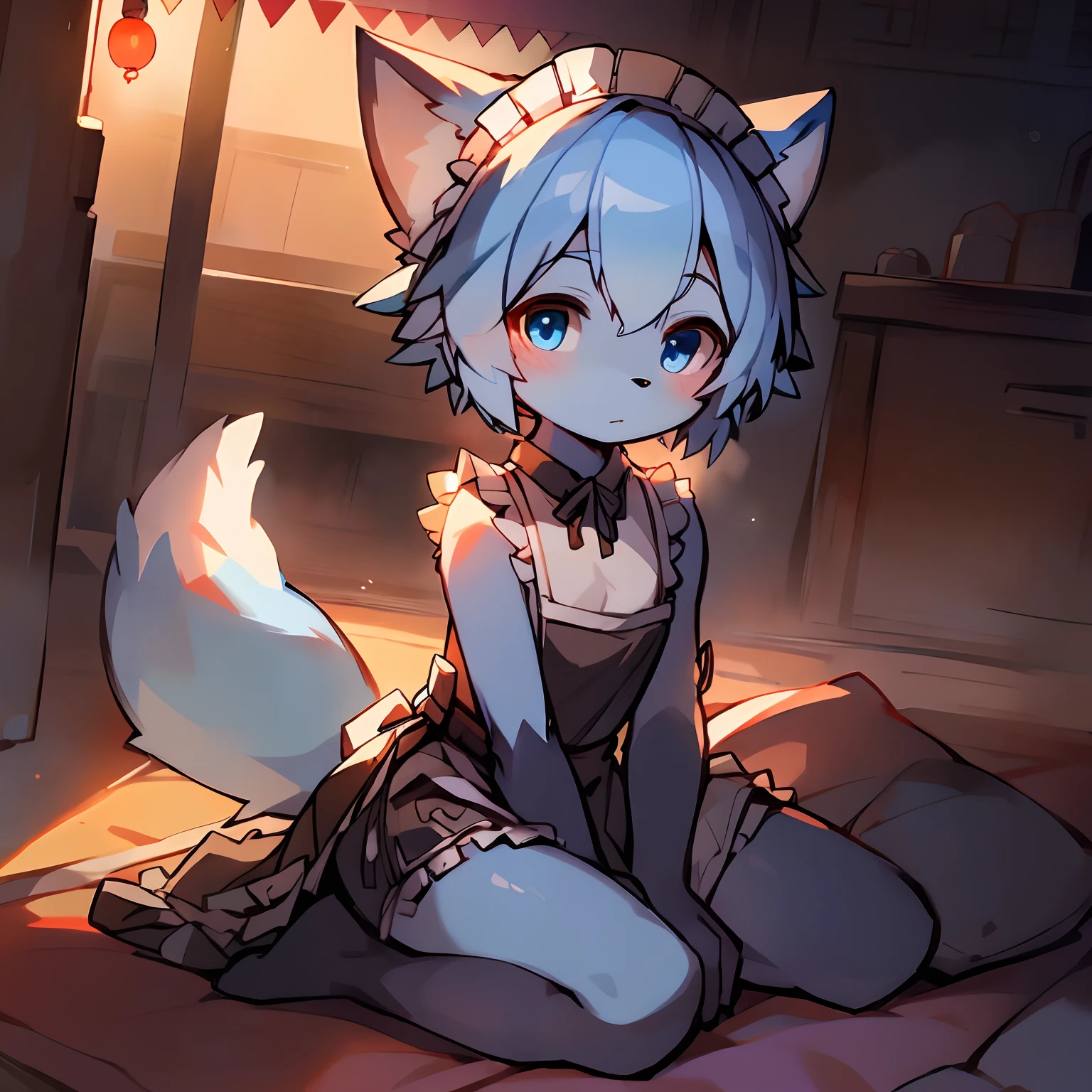 Masterpiece, high quality portrait, 16k, Furry,solo person，(Glaceon：1.2)，Maid dress，Fox, cub, bit girl,skin_Fang, Double reference, warm lights,Japanese-style kneeling sitting，onbed,Bedrooms, Full shot,author：Sumi Kuroi, Yupa,Kiyosan，Rear view