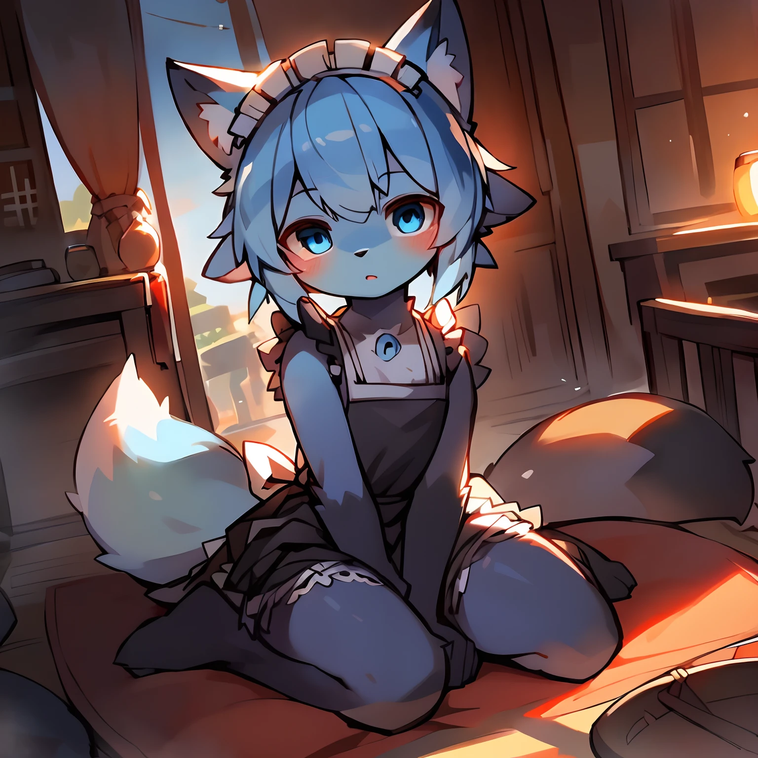 Masterpiece, high quality portrait, 16k, Furry,solo person，( Blue eyes, Sky blue hair，Dark blue arms，dark blue legs:1.2),，Maid dress，Fox, cub, bit girl,skin_Fang, Double reference, warm lights, Japanese-style kneeling sitting,Bedrooms, Full shot,author：Sumi Kuroi, Yupa,Kiyosan