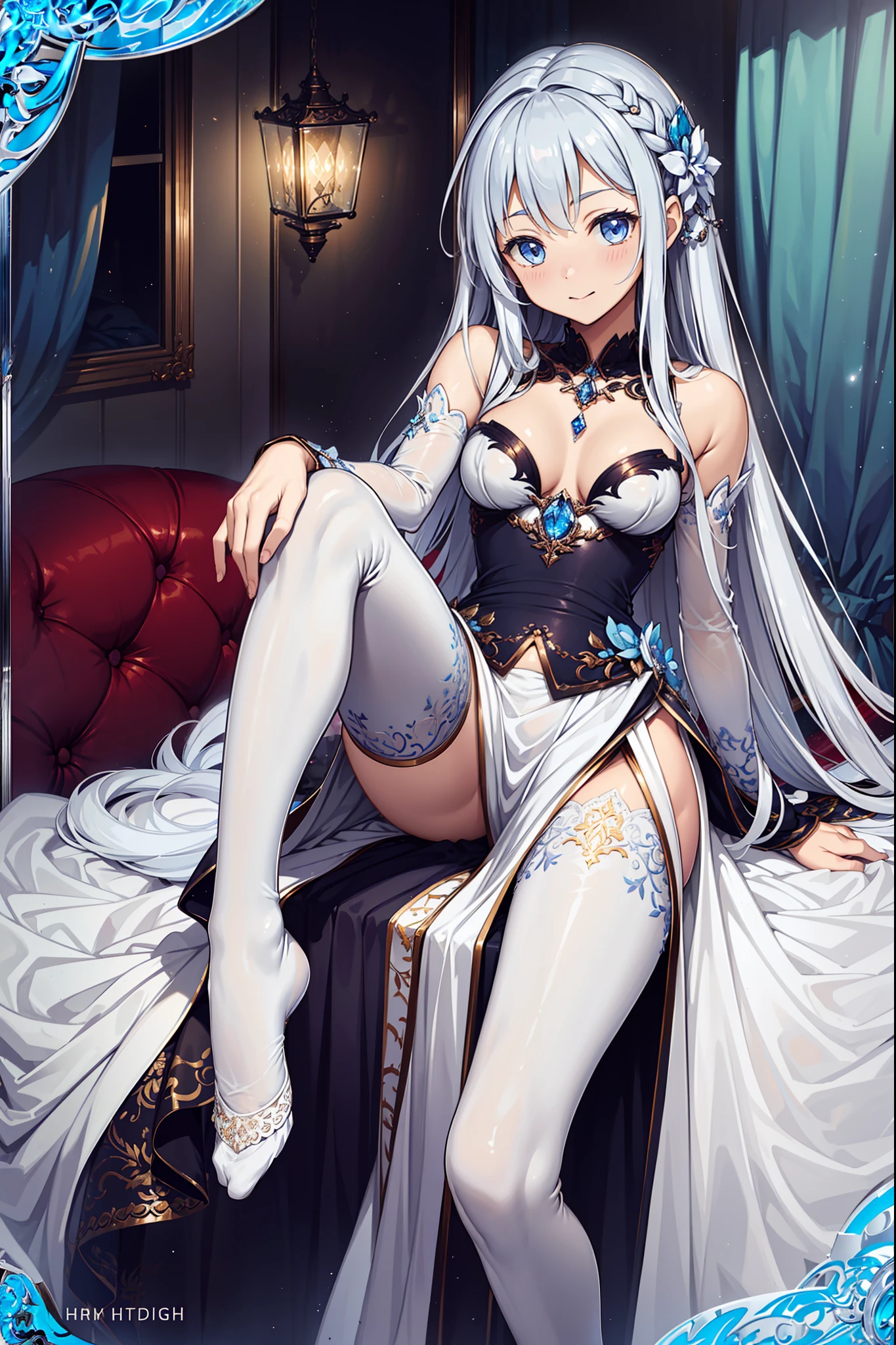 (Best quality, A high resolution, Textured skin, High quality, High details, High details,Extremely detailed CG unity),s girl,(Seductive pose:1.1),having fun,Enchanted,Being in love,(Light white princess dress),Light silver hair,eBlue eyes,A small amount of lilac pattern,A small amount of sky blue cloth,(see-through transparent clothes),(Transparent white cloth outskirts),exquisite costumes,Bedrooms,solo person,the night,Simple pantyhose,A small amount of lace,