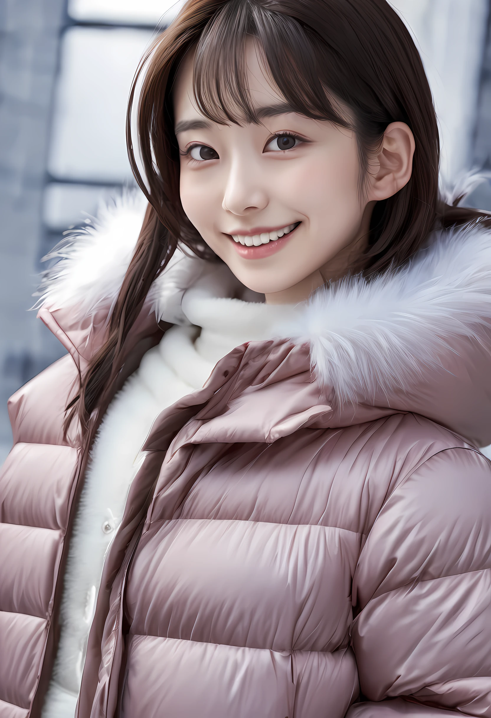 18 years old Japanese woman, pale skin, bright lipstick , wearing a( very tight and short) ((silk)) puffer coat, photorealistic, masterpiece, fur hood, cleavage, open coat, sexy, cute, blushing, large breasts, silk bra, smile, Zettai ryōiki, boots, thighs