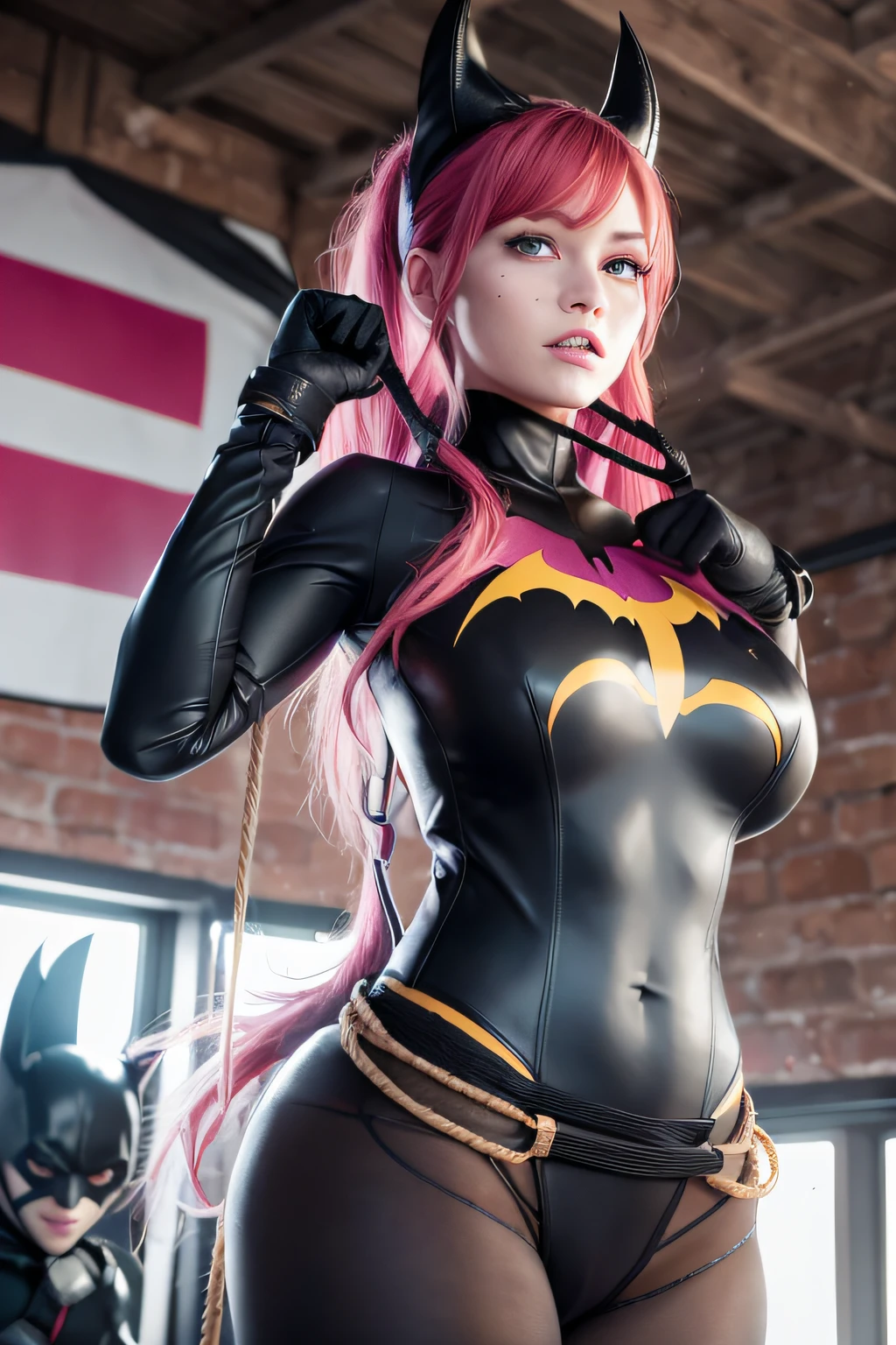 Batgirl tied up with rope by her wrists. Batgirl is hanging from an overhead rafter in an old building. The Joker is injecting a pink liquid into Batgirl's arm. Batgirls massive breasts strain against the black leather fabric of her bat-suit. massive breasts! Batgirl is crying. She has red hair and her breasts are incredibly large.