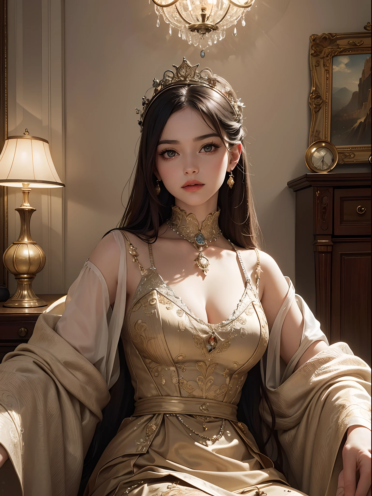 (best quality,4k,8k,highres,masterpiece:1.2),ultra-detailed,(realistic,photorealistic,photo-realistic:1.37),HDR,UHD,studio lighting,ultra-fine painting,sharp focus,physically-based rendering,extreme detail description,professional,vivid colors,bokeh, portraits,landscape,horror,anime,sci-fi,photography,concept artists).
"An enchanting masterpiece of a highly detailed wallpaper that exudes beauty and melancholy. The scene depicts a Victorian-inspired room with elegant furniture and intricate patterns on the walls. The room is illuminated by soft studio lighting, showcasing the depth and texture of the surroundings. The colors are rich and vibrant, with a touch of sepia to create a nostalgic atmosphere. In the center of the room stands a captivating woman in a stunning dress, radiating elegance and grace. The woman's eyes are beautifully detailed, drawing the viewer into her melancholic gaze. Her lips are perfectly painted, adding a touch of allure to her expression. The attention to detail in her face and features is extraordinary, with long, delicate eyelashes that accentuate her eyes. She stands in a pose that exudes confidence and poise. The room is adorned with art pieces, vintage decor, and books, further enhancing the Victorian aesthetic. The wallpaper is of the highest quality, allowing every intricate detail to come to life in vivid