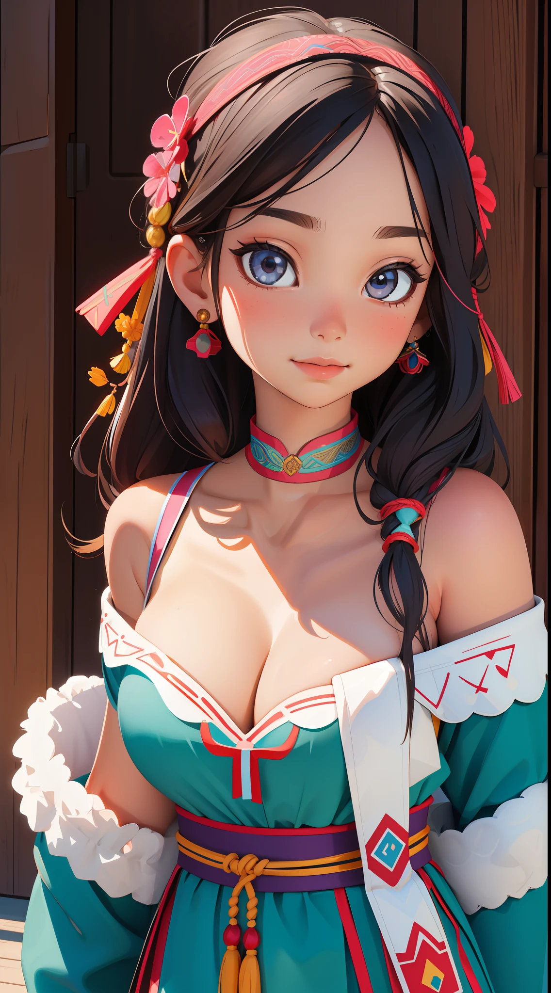 child, Haplogroup D1a1a1, High quality, Masterpiece, Portrait, 1girll, 11 Yeats old, Hmong,Large breasts,cleavage,Off-the-shoulder attire