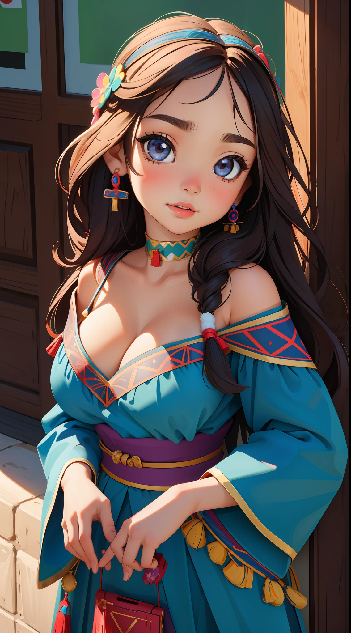 , Haplogroup D1a1a1, High quality, Masterpiece, Portrait, 1girll, 11 Yeng，Large breasts，cleavage，Off-the-shoulder attire