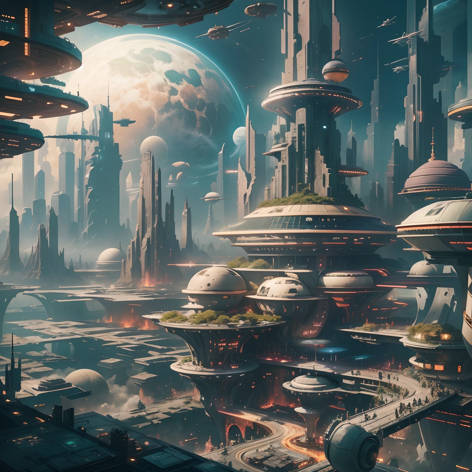 Space City、Futuristic cities、alien、floating in the universe、cyberpunked、skyscrapers line up、A space station、top-quality、masterpiece、24century、dream、utopian、planet earth、World of Dreams、Fantasia、𝓡𝓸𝓶𝓪𝓷𝓽𝓲𝓬、Beautiful city、Space City、Cyberpunk and
A futuristic city where fantasy merges