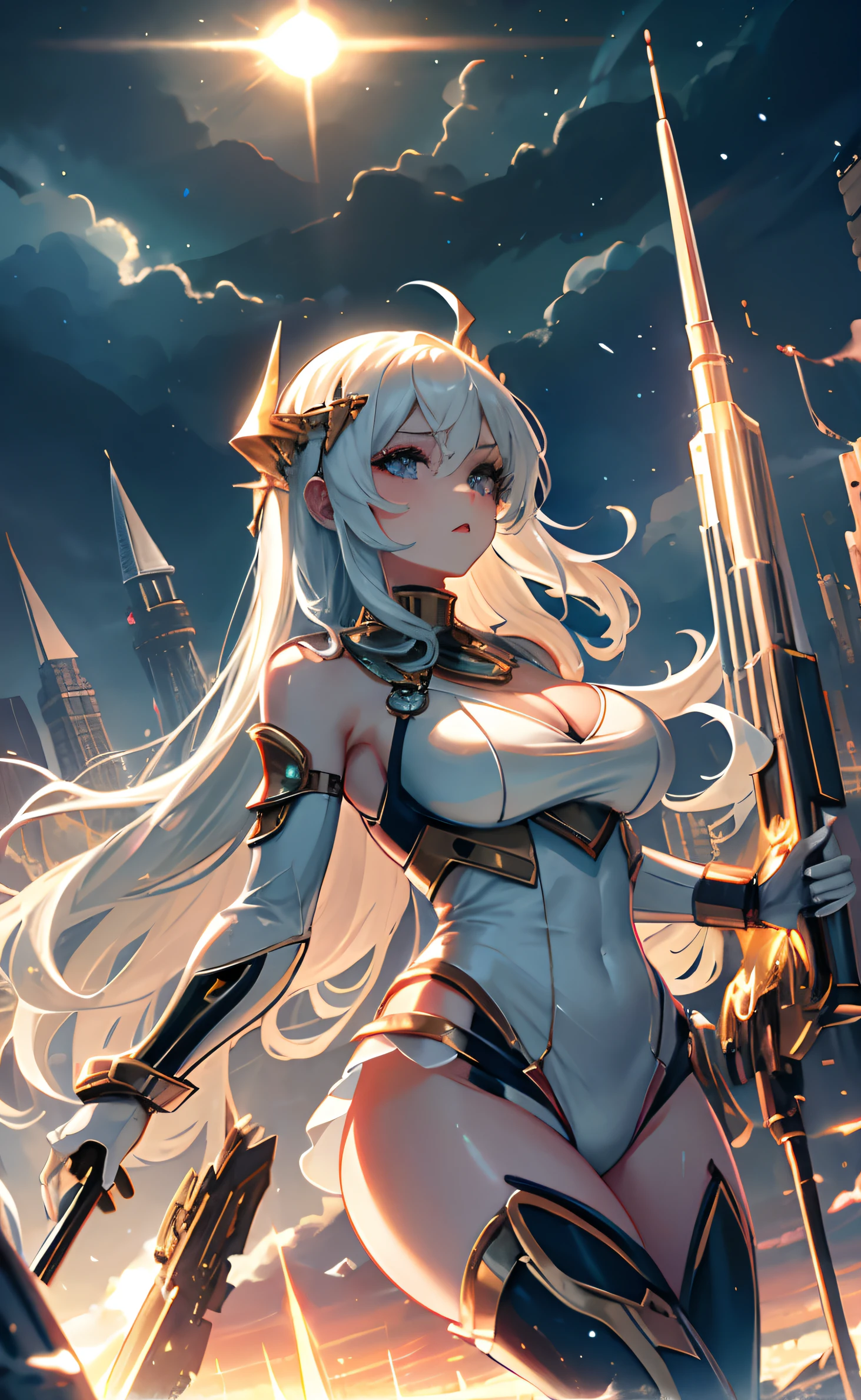 Sexy goddess,best qualityer,Snow-whiteskin,8K high quality,Sexy goddess,A pair of big eyes are beautiful and moving,White skin,Makeup,Sexy outfit,Armed with futuristic modern weapons,gold;jewely;Blue Electric,【Background with】Large gears,Large gears,Doomsday ruins,Giant tornado,Strange sky,Lightning Thunder,The setting sun burns the dark clouds,Multiple planets,The end of the world,Multiple planets,Mards,Jupiter,Mercury,Strange sky,The Eiffel Tower,Egyptian pyramids,Great Wall of China,Giant Tornado ultra-futuristic car,Cool headlights