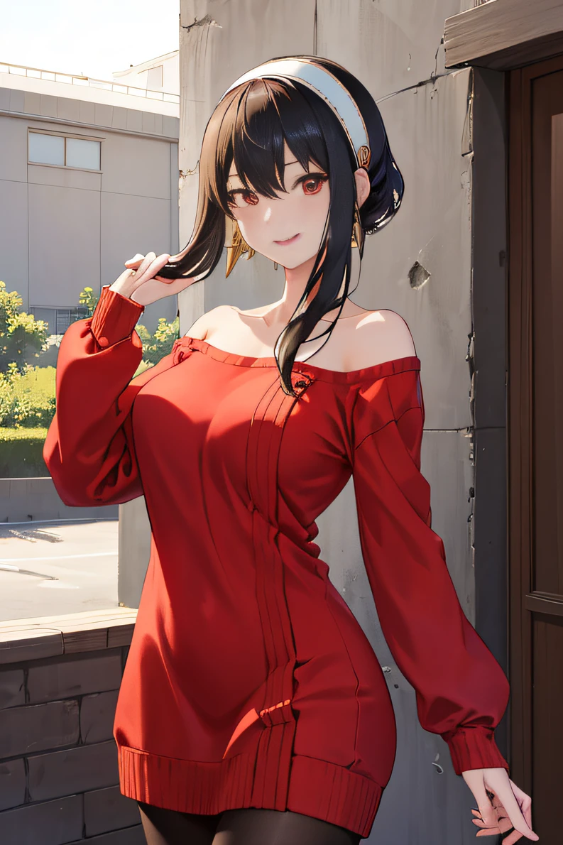 masutepiece, Best Quality, hight resolution, Bjorf, short hair with long locks, white hairband, Red Eyes, Gold Earrings, Large breasts, Jewelry, off shoulders, Red Sweater, sweater dress, Long sleeves, Black pantyhose, Outdoors, standing cowboy shot, Smile,