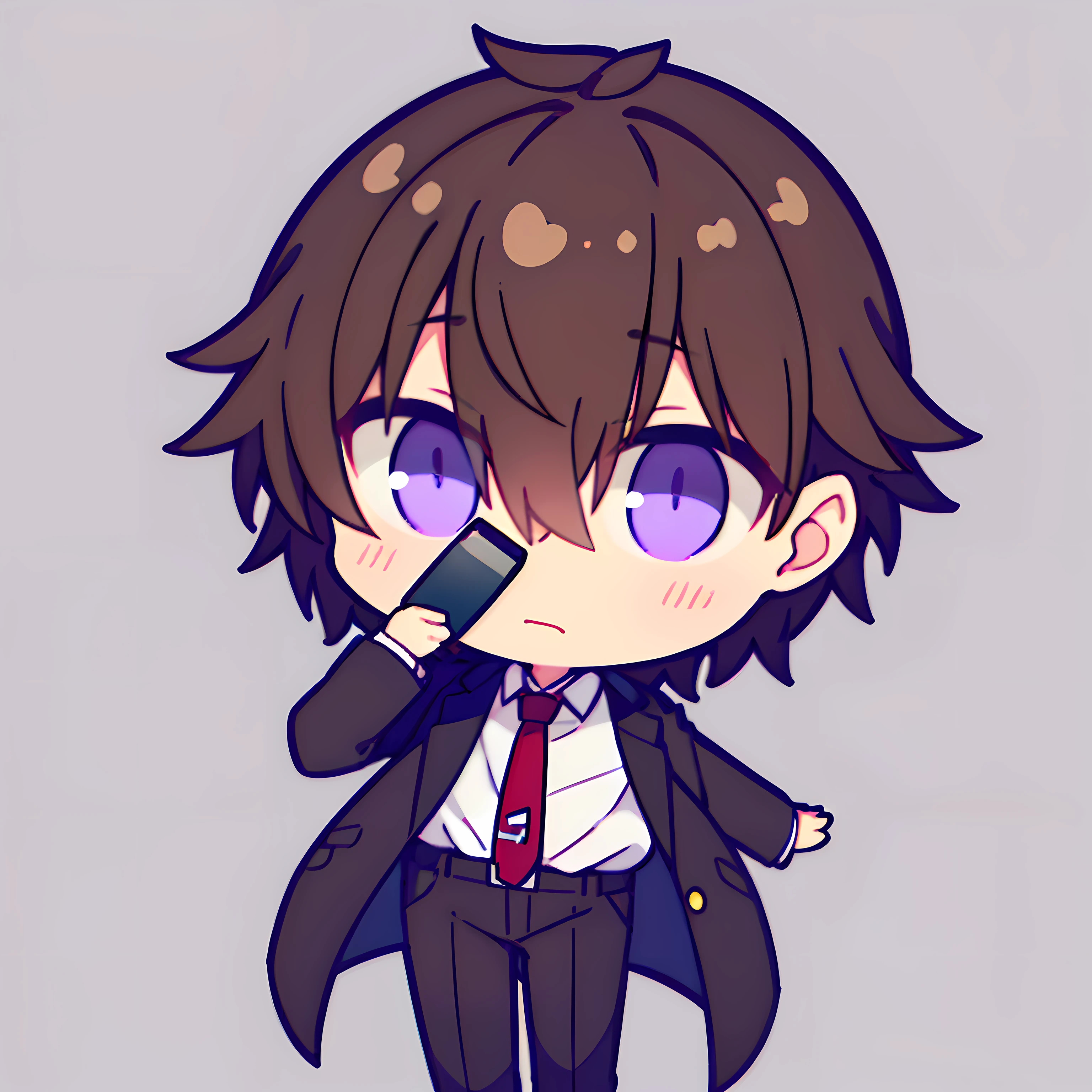 virtual_youtuber, 1boy, male_focus, solo, brown_hair, necktie, purple_eyes, simple_background, brown_footwear, straight-on, looking_at_viewer, pants, white collared shirt, hair_between_eyes, (VERY DETAILED EYES:1.5), short hair