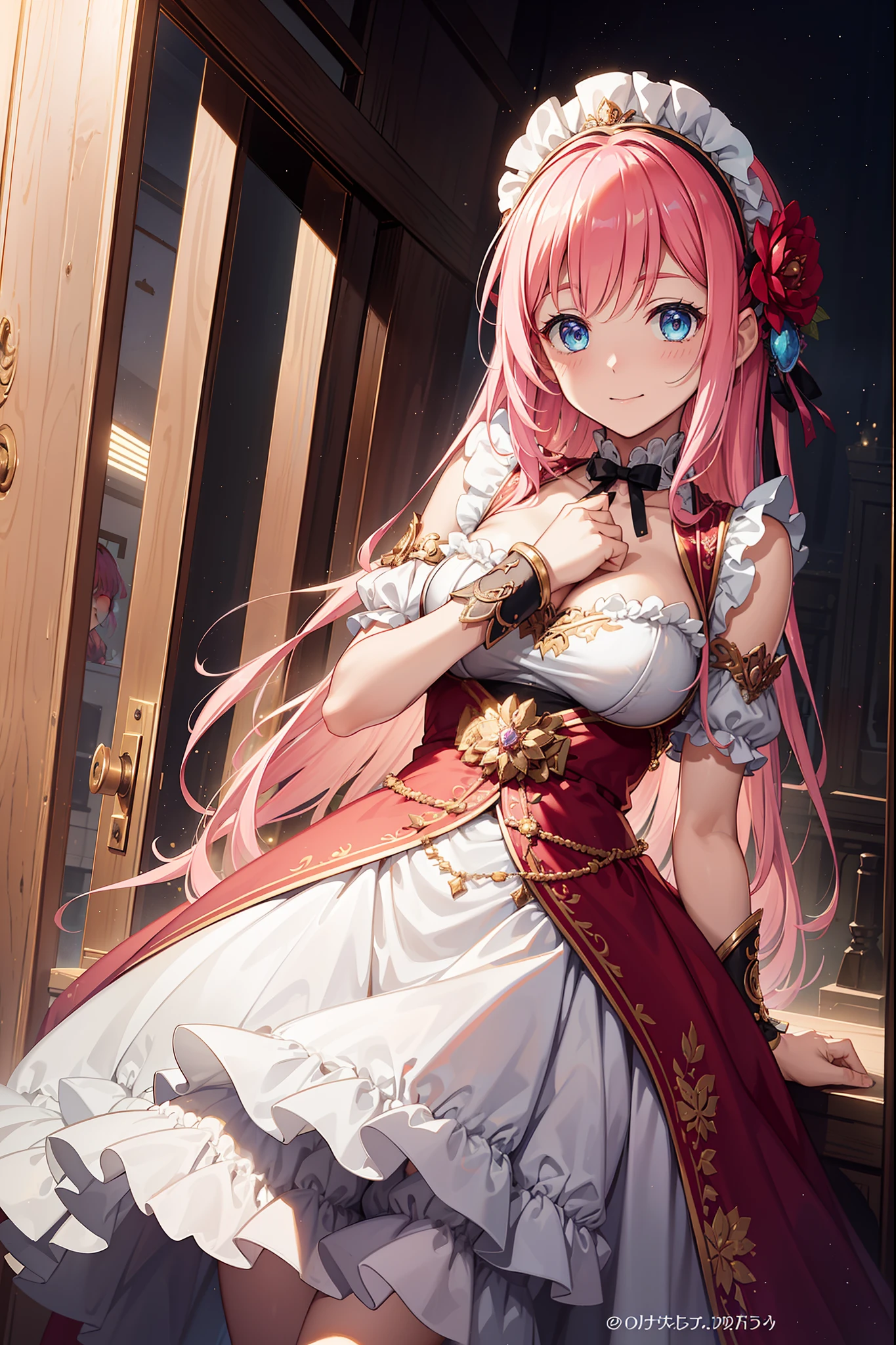 (Best quality, A high resolution, Textured skin, High quality, High details,Extremely detailed CG unity),teens girl，Enchanted，Divine happiness，Being in love，(Light Victorian dress:1.1)，Pink hair，eBlue eyes，(Fabric headdress)，Maximalism，Delicate ruffles，detailed lace，Multi-colored cloth，Delicate embroidery，Delicate pattern，Fabric headdress，exquisite costumes，see-through transparent clothes，Bedrooms，the night，(Shine:1.1)，(Dazzle:1.1)，Movie lighting，the night，solo person，Fluttering skirt，Maid characteristics，（Seductive pose:1.2)