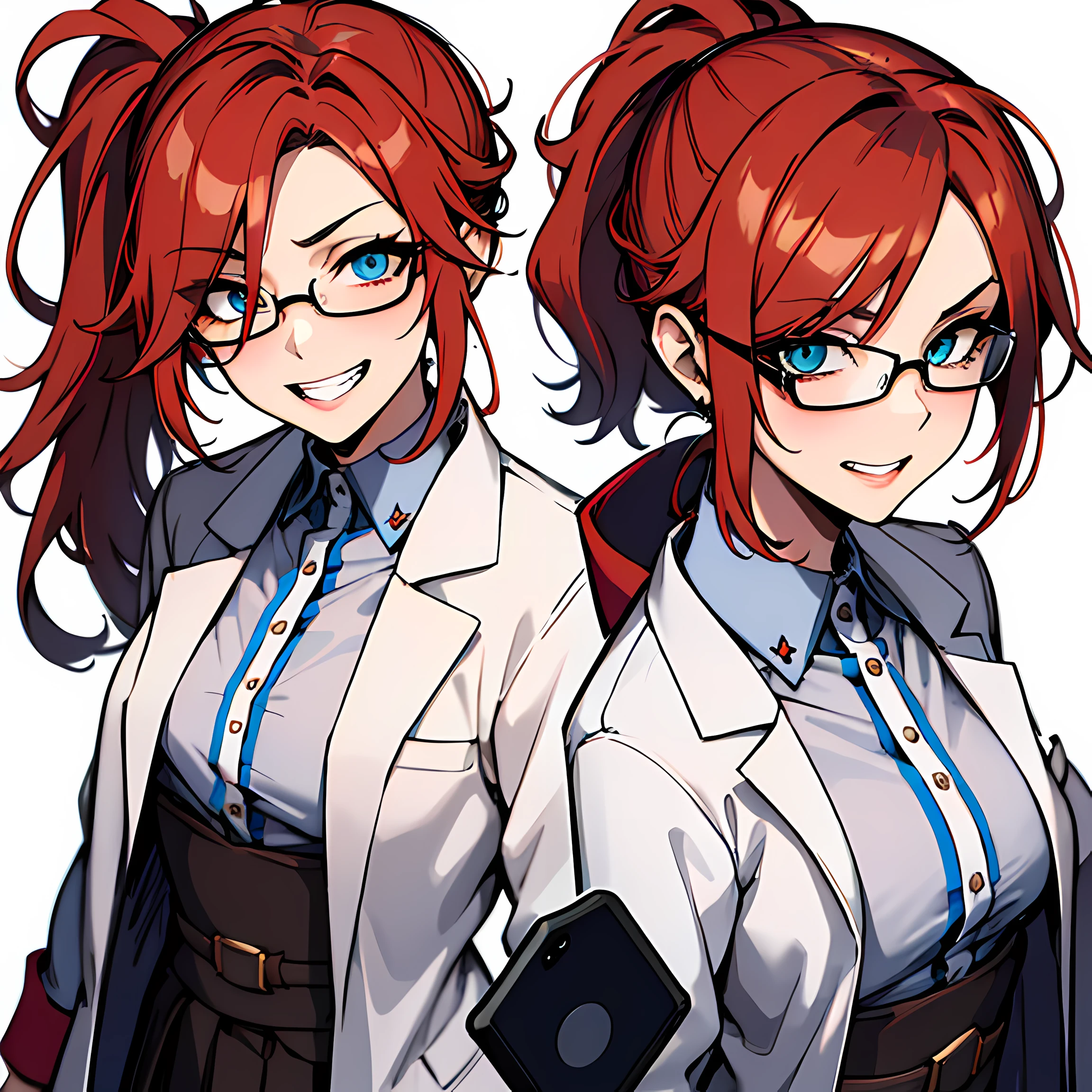 (absurdres, 8k, 4k, masterpiece, hyper extreme detailed:1.2), solo, 1girl, front view portrait, best quality, expressive eyes, perfect face, 1girl, portrait, solo, Female, mature female, adult, red hair, small bust, long shirt, white lab coat, swept bangs, side bangs, crazy face, crazy eyes, messy hair, medium hair, hair covering forehead, perfect anatomy, anatomically correct, villain, evil, looking forward, forward view, expressive eyes, perfect eyes, crazy, science, scientist, mad scientist, experiment, psychotic, psychopath, sociopathic, sociopath, crazed, wide eyes, grin, round rimmed glasses, long brown skirt, lab coat, half body, covered forehead, downward bangs, insane, half body, ponytail, futuristic, gadget, hologram, tablet,