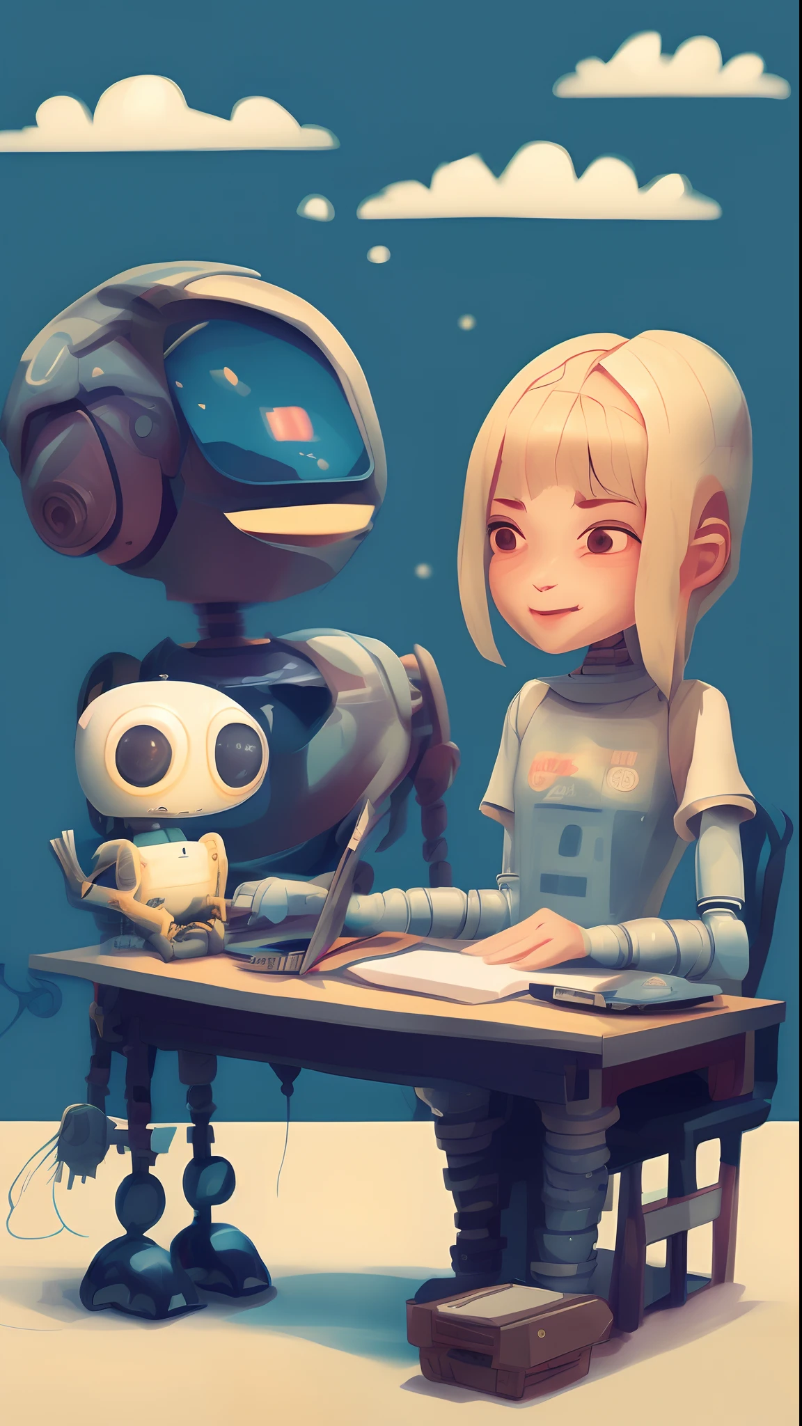 HP Assistant、Cartoon of boy sitting at desk with robot and laptop, Girl Meets Robot, Adorable Digital Painting, adorable friendly robot, loish van baarle, Cute robot, cute humanoid robot, loish and goro fujita, digital 2D illustration,2D Illustration
