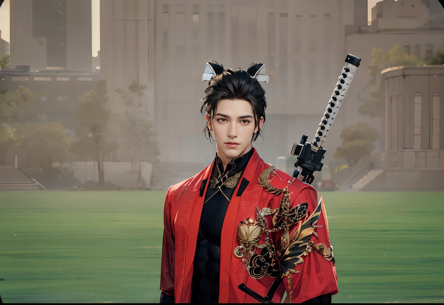 (8K, RAW photos, best qualtiy, tmasterpiece:1.2), (realisticlying, photograph realistic:1.4), illustratio, A high resolution,hexagons,(1boys), Black hair,opulent, rugged skin, (Oval shaped face:1.1), profesional lighting, photon maping, Radio City, physically-based renderingt, Handsome, Sexy masculinity,Wear a close-fitting bodysuit,musculature,bare full body,massive bulge