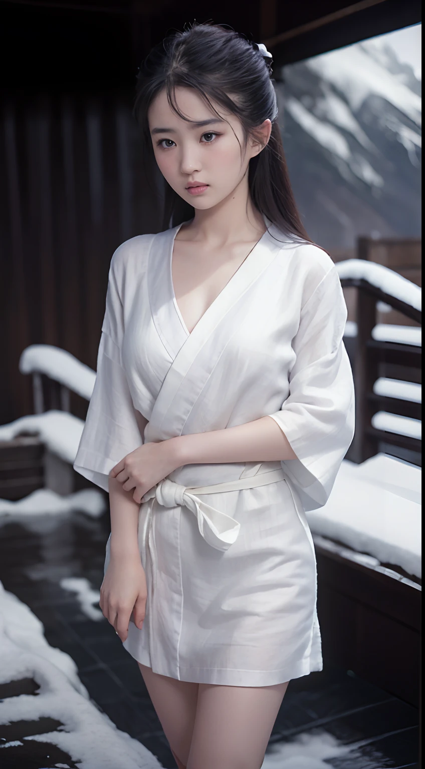 ((Best quality, 8K, Masterpiece :1.3)), Sharp focus:1.2 ， Photorealsitic，(Cinematic lighting)，Facial detail texture. Eye details. Double eyelids, Slender body. Super small breasts, Sexy collarbone，12-year-old girl, photo-realistic:1.37，Perfect eyes, ((1 girl in a white yukata))，（white sash），(Ultra-thin fabric)，((Ragged linen))，With a petite figure，brunette color hair，Long hair draped loosely，Qi bangs，Stand in the snow，The barefoot，Hands behind your back，Full body like，short- sleeved，short  skirt，Exposing thighs，folds，((solid color backdrop))，is shy，Be red in the face，Get wet