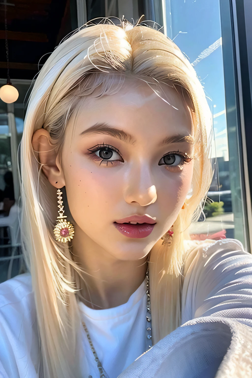 Best quality, masterpiece, ultra high res, (photorealistic:1.4), raw photo, 1girl, earrings, jewelry, 1girl, (platinum blonde hair:1.2), looking at viewer, cafe,realistic, closeup, sunlight, light from front, open mouth, BREAK,