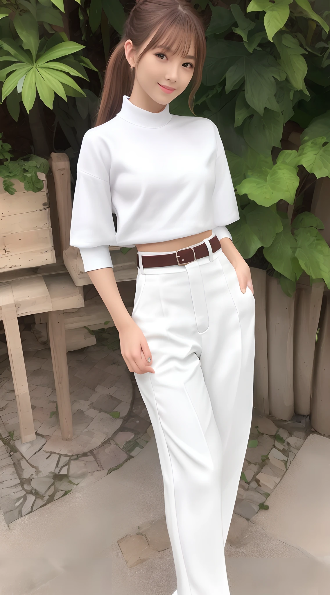 (Photorealsitic)(), Perfectly beautiful woman, (Full body 8K portrait), White Karate Uniform, White karate pants, Large bust,Stand alone, Perfect facial detail, (Smile: 1.15), attractive beautiful face, gazing at viewer, a small face, 二重まぶた, Beautiful detailed eyes, long eyeslashes, ligh brown hair, poneyTail, Toned waist, Beautiful thin legs, toned ankles, bare-legged ,TOKYOcty