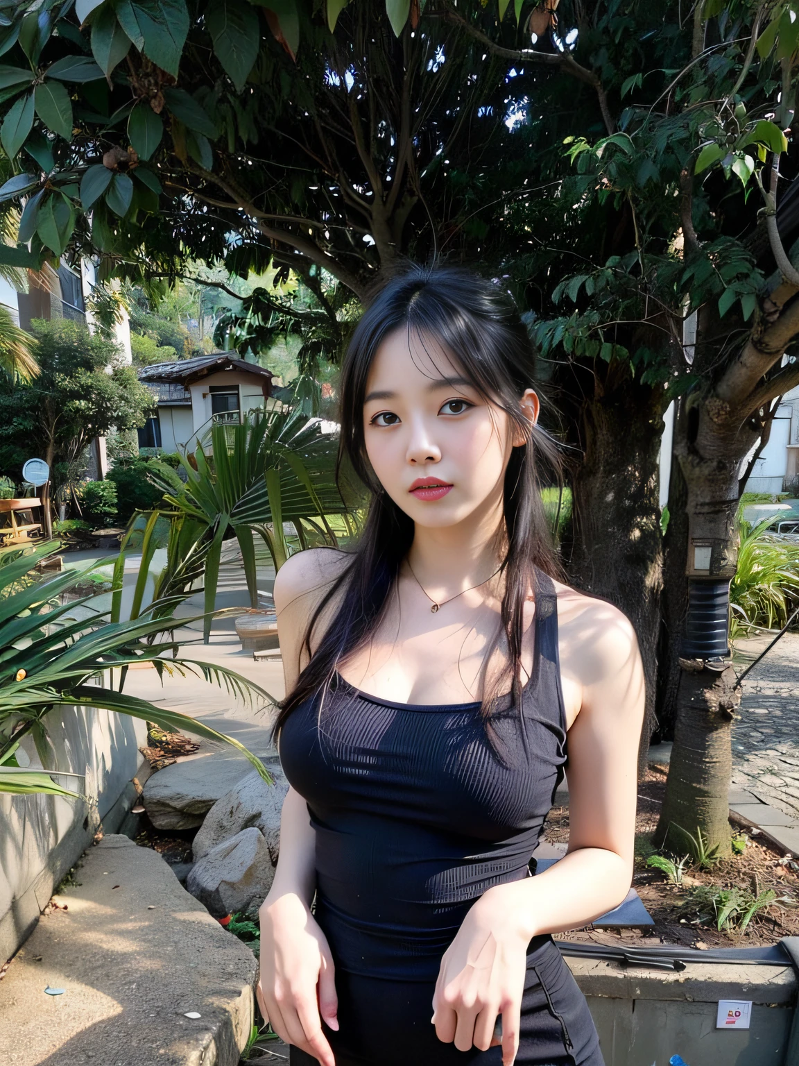21 years old female, long hair, RAW photo, bokeh (realism: 1.4, realistic), high detail CG unified 8K wallpaper, 1girl, ((slim body: 1)), ((natural big breasts:1.3)), ((direct view from the front)), (HQ skin: 1.4), 8k uhd, dslr, soft light, high quality, film grain, Fujifilm XT3, ((knit tank top, short skirt)), ((outdoor, at park))), ((medium Haircut, black hire)),(looking at viewer:1.4),(Full body:1.5), (((crossed arms)))