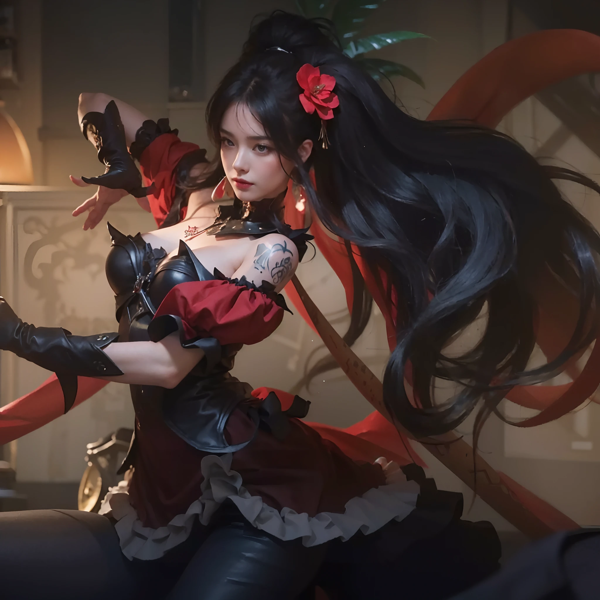 ((masterpiece)), ((best quality)), ((HD 4k)) ((realistic1.2)),mature girl, red dress, black hair, long hair, tattoo