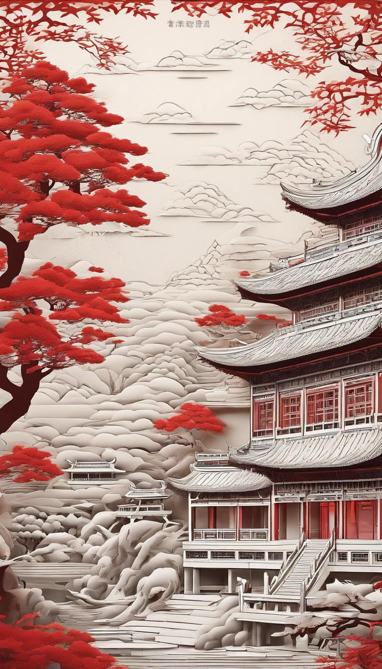 Masterpiece, Traditional Chinese style house，beautiful render of a fairytale, In the style of paper art, painting of beautiful, beautiful as the moon, A very complex masterpiece, Beautiful and intricate red masterpiece, multi-layer, mysterious, Old Summer Palace