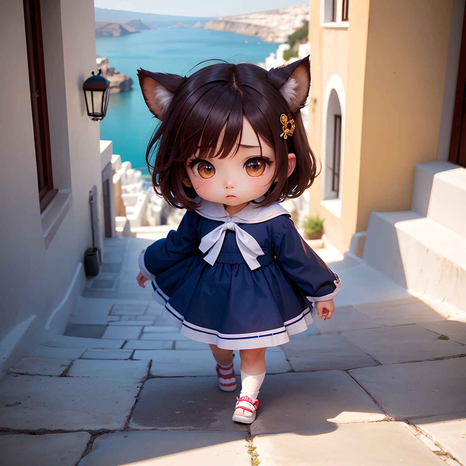 masterpiece、top-quality、ultra-detailliert、(Chibi Chara Hadaka no King:1.2)、独奏、Walk confidently、Oia in Santorini, Greece、White and blue contrast