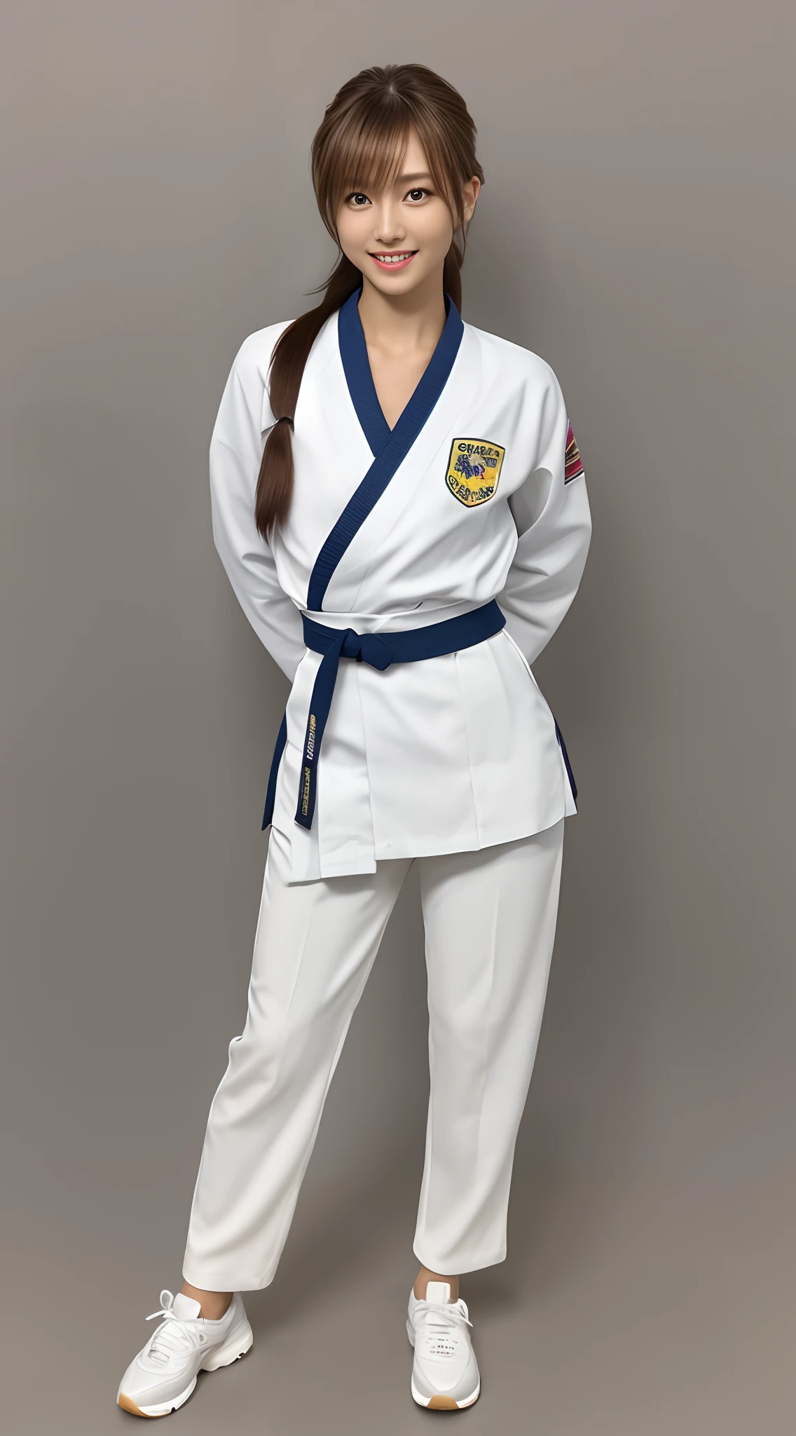 (Photorealsitic)(sixteen years old), Perfectly beautiful woman, (Full body 8K portrait), White Karate Uniform, White karate pants, Large bust,Stand alone, Perfect facial detail, (Smile: 1.15), attractive beautiful face, gazing at viewer, a small face, 二重まぶた, Beautiful detailed eyes, long eyeslashes, ligh brown hair, poneyTail, Toned waist, Beautiful thin legs, toned ankles, bare-legged ,TOKYOcty
