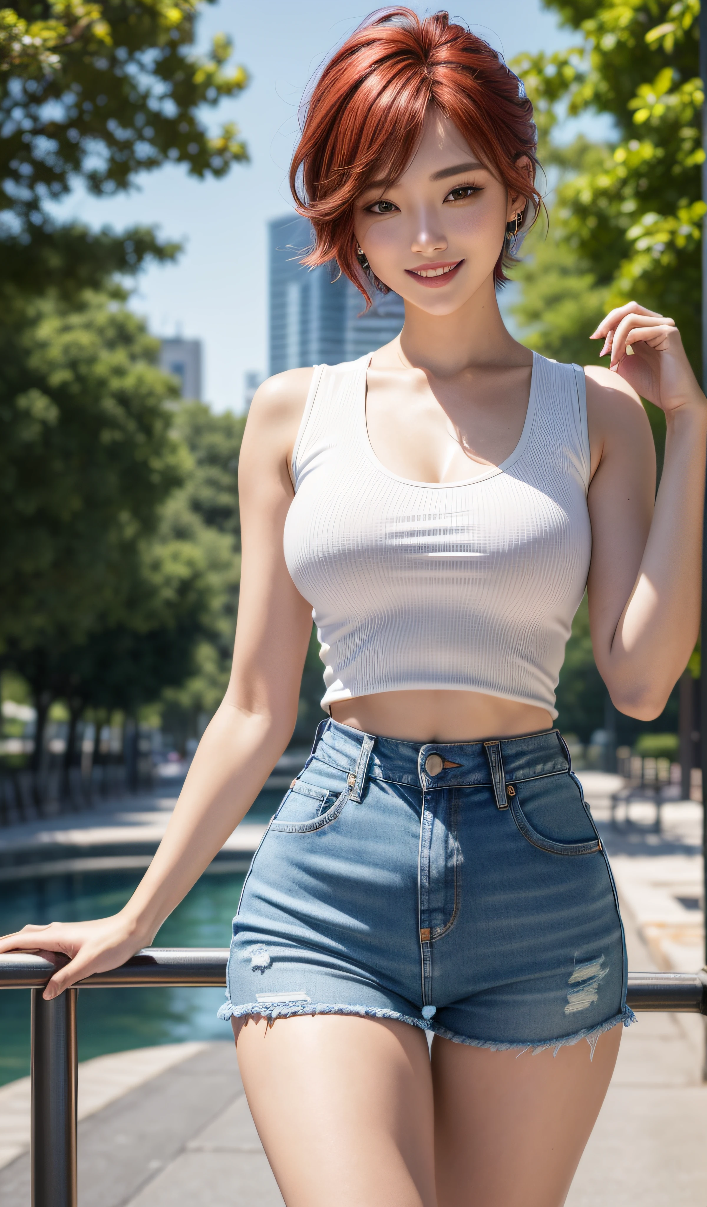 8K, Masterpiece, RAW photo, Best quality, Photorealistic, Extremely detailed CG unifies 8K, 8K, Diamond, and wallpaper, Depth of field, Cinematic light, Lens flare, Ray tracing, Super sexy Maria dressed (Low-cut and tight (Ultra-short,denim hot-pants)),((full bodyesbian)),((Long legs)), (thigh gap:1.5),(big assa),Pretty Korean girl, Kpop idol, 1 girl, (Very slim and slender muscular body:1.3), ((view the viewer)),(Big smile:1.3),(big assa),((White crop top top:1.5) Vest with exposed neckline), Short hair, Red hair, photorealestic, photography of, (A high resolution), (realisticlying:1.4), (very intricate), (exquisitedetails), highly detailed, A high resolution, Original, Extremely detailed 8k wallpaper, best qualtiy, 详细的脸, ultra - detailed, RAW photogr, realisticlying, (Extremely beautiful face, Beautiful lips, Beautiful eyes), intricate detail face, ((ultra detailed skin),(Low-cut and tight (Flare Jeans)),(thigh gap:1.5),(big assa), (view the viewer:1.3) Short hair, Red hair,open breast, Very slim, Medium breasts, Turn Back, Back shot, , underwear