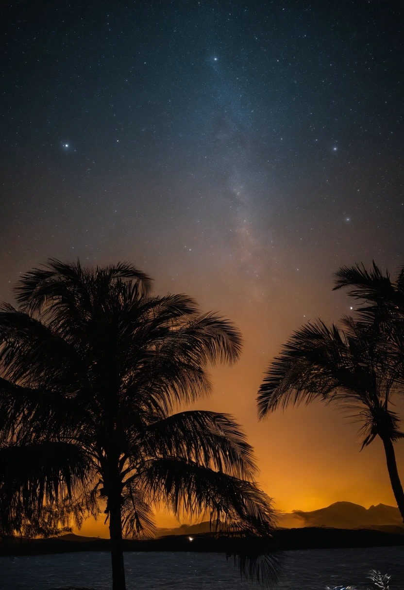 expansive sky: Show the vastness of the night sky, allowing stars and shooting stars to occupy a significant part of the composition., Dynamic Shooting Stars: Capture the movement and energy of shooting stars as they traverse the sky, creating a sense of movement and wonder., paisagem serena: considere adicionar uma paisagem tranquila, like distant mountains or a calm body of water, to increase the sense of peace and serenity.