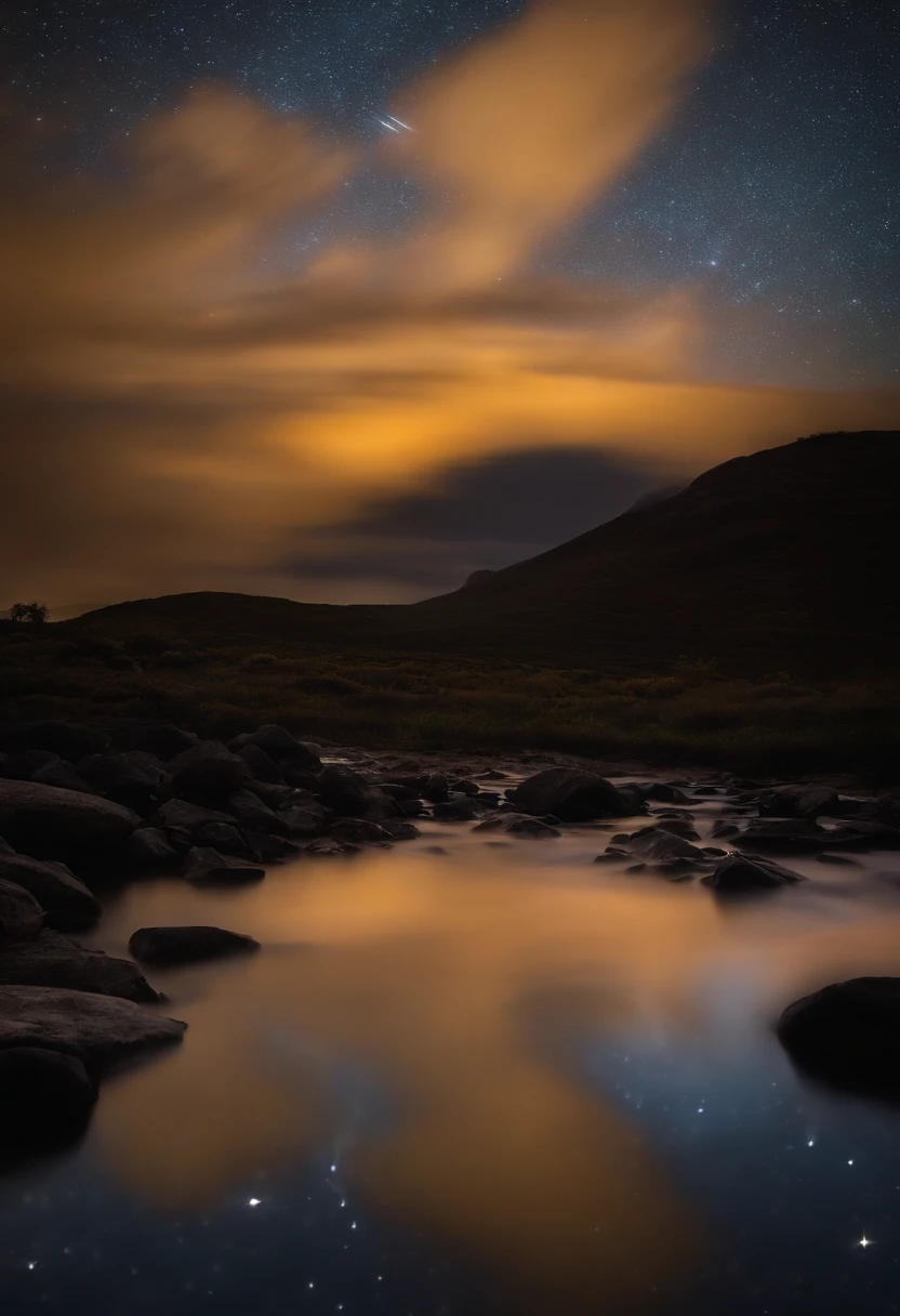 expansive sky: Show the vastness of the night sky, allowing stars and shooting stars to occupy a significant part of the composition., Dynamic Shooting Stars: Capture the movement and energy of shooting stars as they traverse the sky, creating a sense of movement and wonder., paisagem serena: considere adicionar uma paisagem tranquila, like distant mountains or a calm body of water, to increase the sense of peace and serenity.