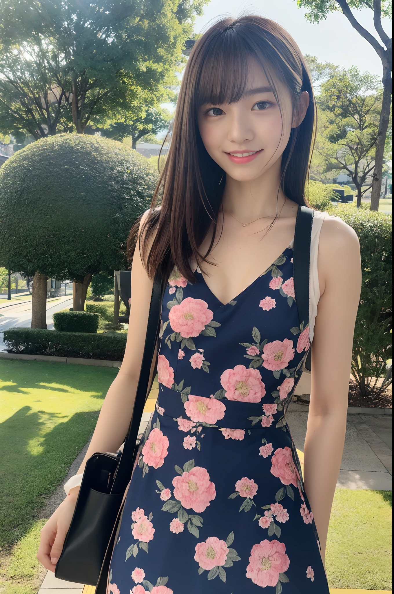 1 girl, Solo, (Best Quality), (Raw photo), (Beautiful Japan girl), (flat chest), (masutepiece), (hitornfreckles:0.6), Cute lips, Dynamic lighting, shame, Medium Hair、 flat bangs, on the park, Blue floral dress, Student Bag、(close up),