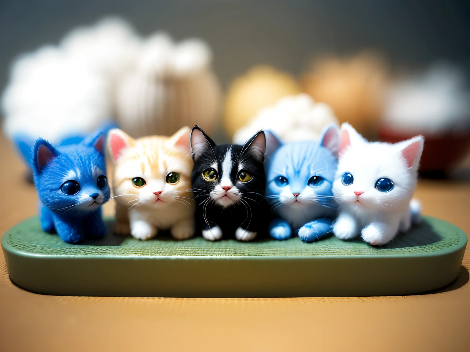 (Woolfelt、Wool knitted fabric、The cute world of cartoons)、Cats、A kitten、Tiere、Super Cute、Great lighting、volume、80mm lens、Large aperture、。.3D、masterpiece、super detailing、top-quality、Needle Felt, Felt Artwork, Super Cute、。.3d rendered, (Tilt-Shift:1.4),(Tilt-Shift:1.4)