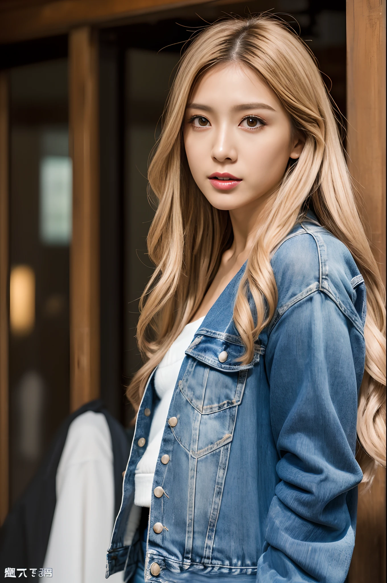 (masutepiece:1.2), ultra-detailliert, 超A high resolution, (Realistic, photographrealistic:1.37), high-definition RAW color photography, professional photograpy, extremely delicate and beautiful, Extremely detailed, finely detail, Huge file size, highly detailed beautiful girl, extra detailed face, extremely detailed eye, highlydetailed skin, highly detailed nose, highly detail mouth, Perfect Anatomy, Highly detailed background, Shiny skin, (a famous actress of Japan:1.5), (gals), flat chest, Looking at Viewer, Full body, (Dynamic Pose:1.4), Dynamic lighting, Denim jacket, mid-riff peak, (Brown race, Dark skin, a blond:1.3), (Full body:1.4), (Dotonbori;1.2),