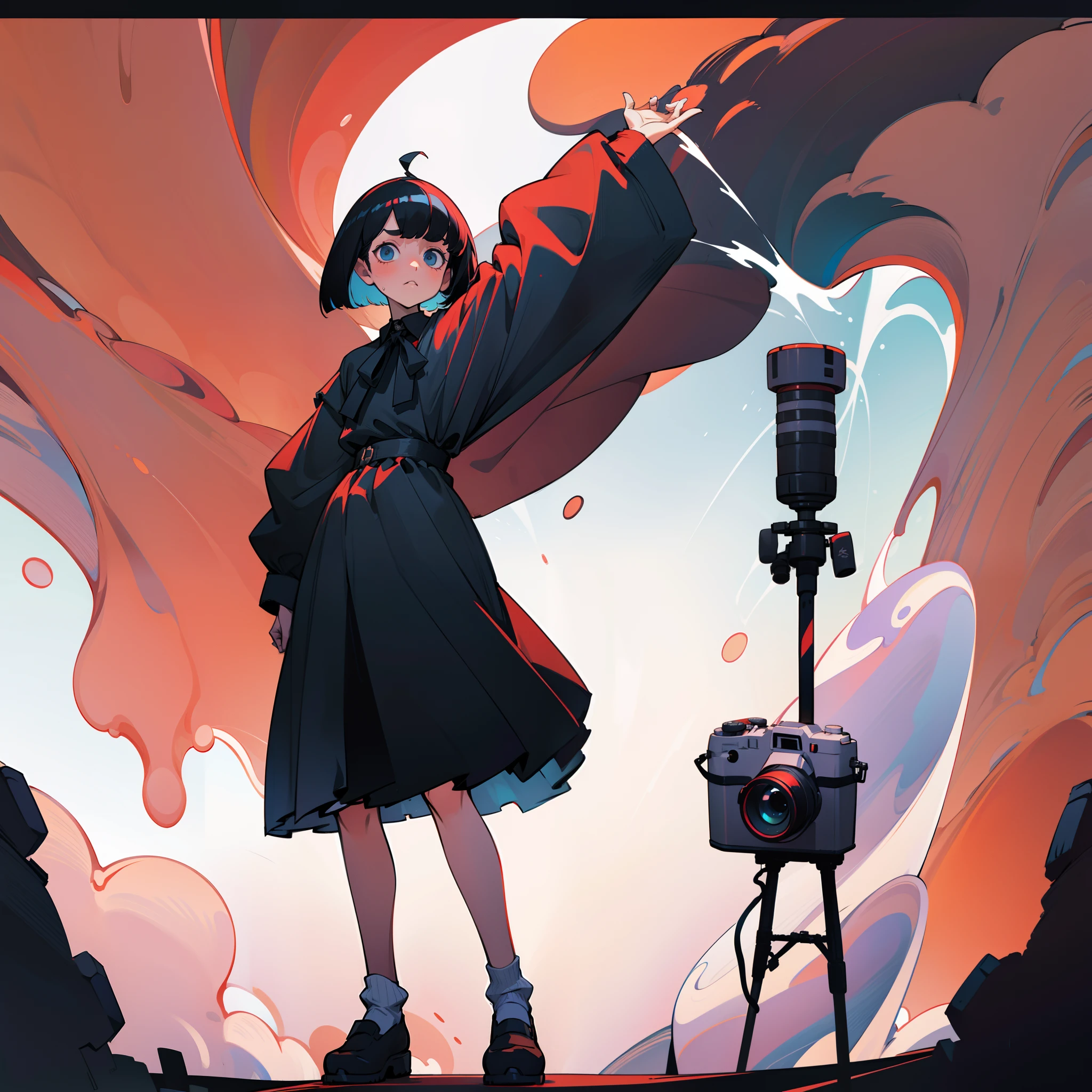 A woman in a short bob is standing up.、Hair color is black、Clothes are oversized white shirts and skirts、Camera in the right hand、Camera on left hand、Camera on the neck4Downing