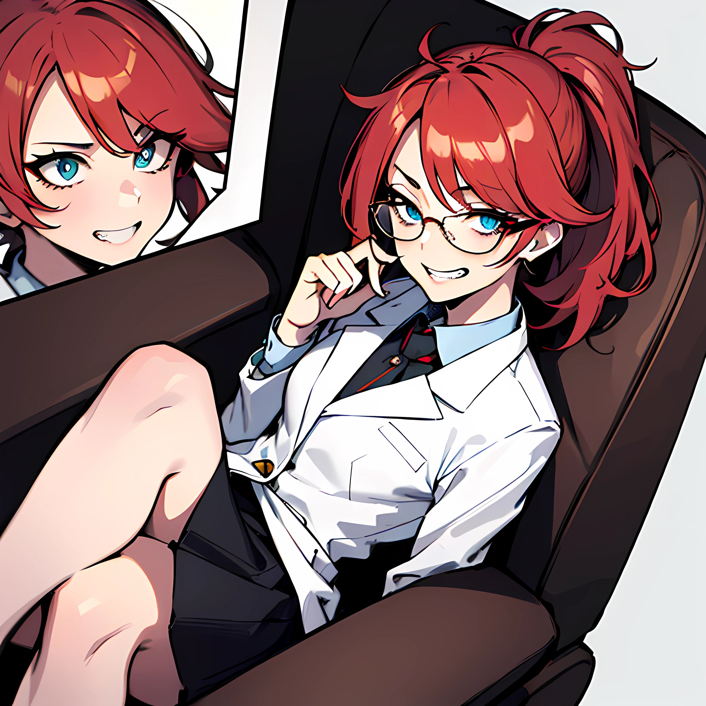 (absurdres, 8k, 4k, masterpiece, hyper extreme detailed:1.2), solo, 1girl, front view portrait, best quality, expressive eyes, perfect face, 1girl, portrait, solo, Female, mature female, adult, red hair, small bust, long shirt, white lab coat, swept bangs, side bangs, crazy face, crazy eyes, messy hair, medium hair, hair covering forehead, perfect anatomy, anatomically correct,  villain, evil, looking forward, forward view, expressive eyes, perfect eyes, crazy, science, scientist, mad scientist, experiment, psychotic, psychopath, sociopathic, sociopath, crazed, wide eyes, grin, round rimmed glasses, long brown skirt, lab coat, half body, covered forehead, downward bangs, insane, half body, ponytail, futuristic, gadget, hologram, tablet, leaning back, sitting in chair, leg crossed,
