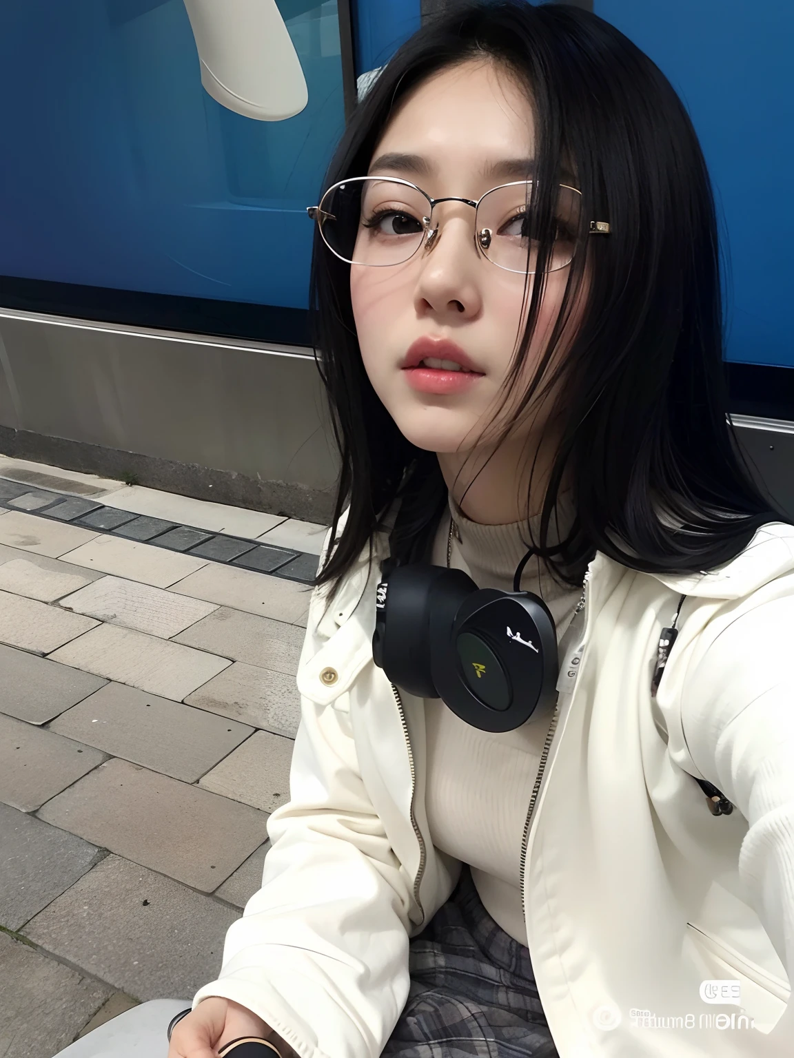 There's a woman sitting on a bench with headphones on, Ulzzang, With eye Glasses, menina coreana, with square glasses, wearing thin large round glasses, cruel korean goth girl, wearing small round glasses, Wenfei Ye, Xision Wu, Jaeyeon Nam, Heonhwa Choe, wearing black frame glasses, wearing round glasses, with black eyeglasses