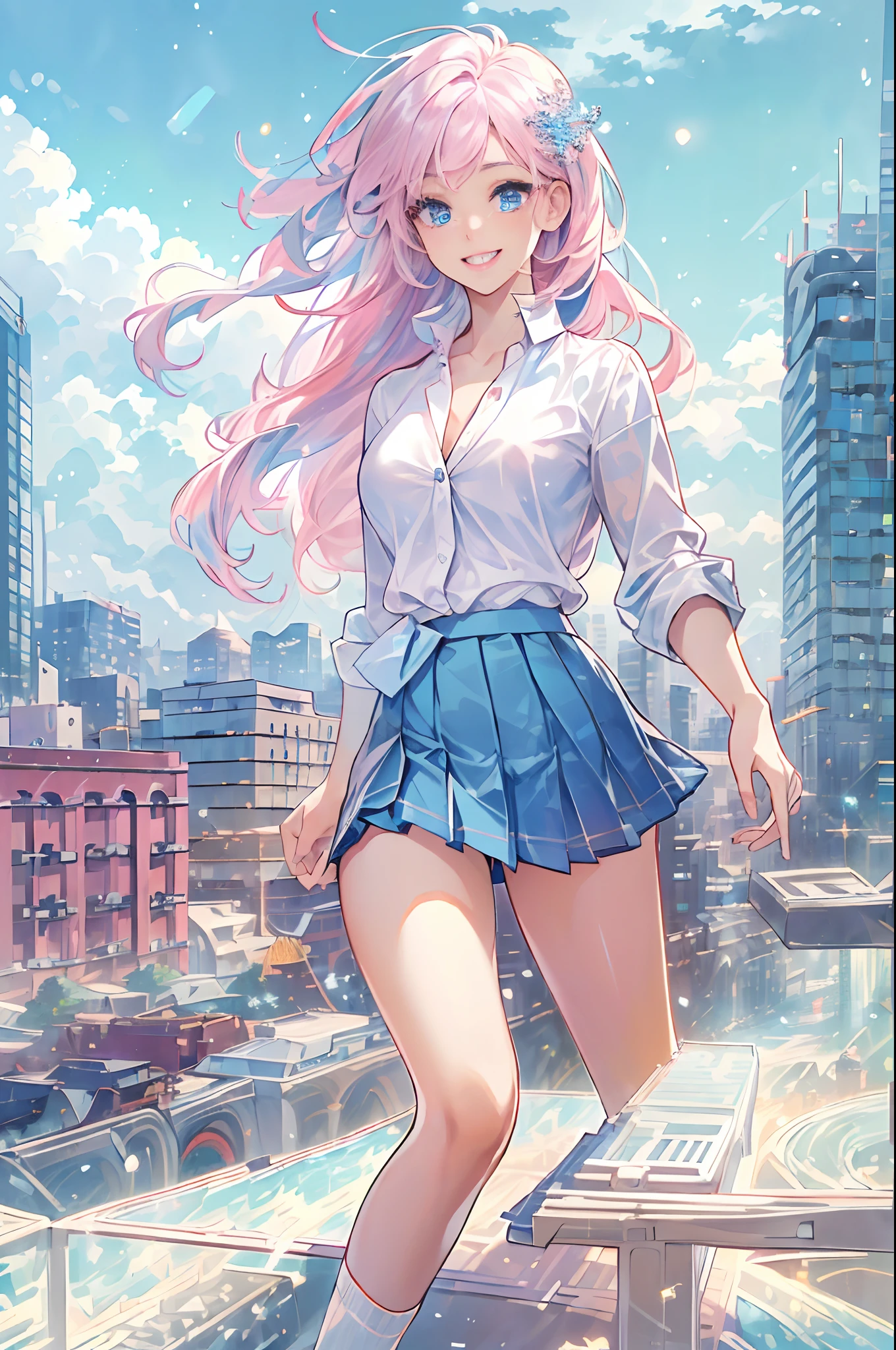 official art, masterpiece, sharp focus, (beautiful gorgeous cute Korean woman:1.3), (beautiful cute korean:1.3), korean beauty, Delicate and beautiful hair and eyes and face, realistic, ultra detailed, beautiful girl, blue sky, glow white particle, (sidelighting:1.2), sun light, white cloud, detailed clouds, slender, Lovely very large breasts and very large hips, smile with teeth, ((smile with eyes, open both eyes)), scenery, long straight hair, sexy facial expression, building, (cityscape:1.7), dynamic hair, long straight hair, detailed platinum pink hair, glow blue eyes, (blue pleated shirts + white skirt), white long socks, pale skin, hair ornament, epic scenery,