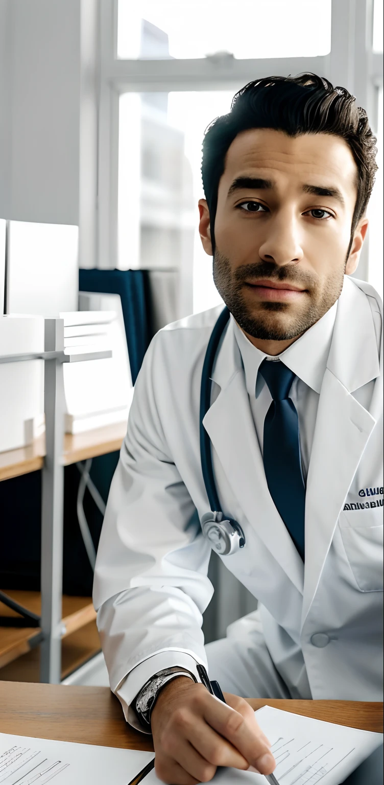 arafed man in white suit and tie sitting at a table, photo of a man, sitting at desk, wearing a doctor suit, corporate photo, handsome man, professional portrait hd, wearing doctors white suit, sitting at a desk, a photo of a man, handsome and attractive, professional profile photo, attractive man, sitting behind desk