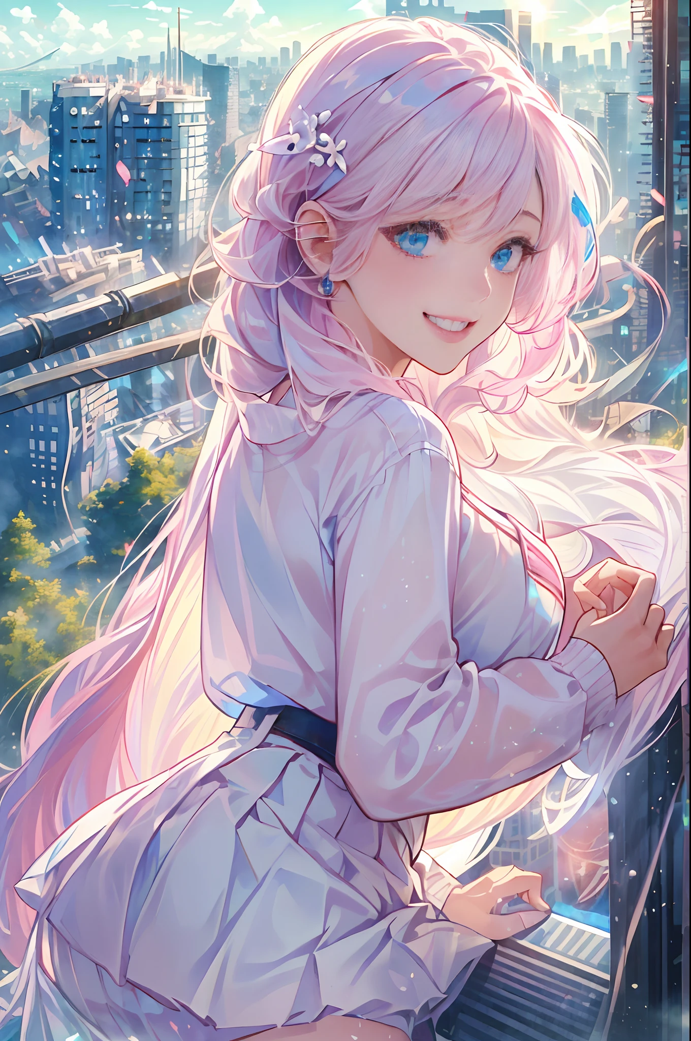 official art, masterpiece, sharp focus, (beautiful gorgeous cute Korean woman:1.3), (beautiful cute korean:1.3), korean beauty, Delicate and beautiful hair and eyes and face, realistic, ultra detailed, beautiful girl, blue sky, glow white particle, (sidelighting:1.2), sun light, white cloud, detailed clouds, slender, Lovely very large breasts and very large hips, smile with teeth, ((smile with eyes, open both eyes)), scenery, long straight hair, sexy facial expression, building, (cityscape:1.7), dynamic hair, long straight hair, detailed platinum pink hair, glow blue eyes, (blue pleated shirts + white skirt), white long socks, pale skin, hair ornament, epic scenery,