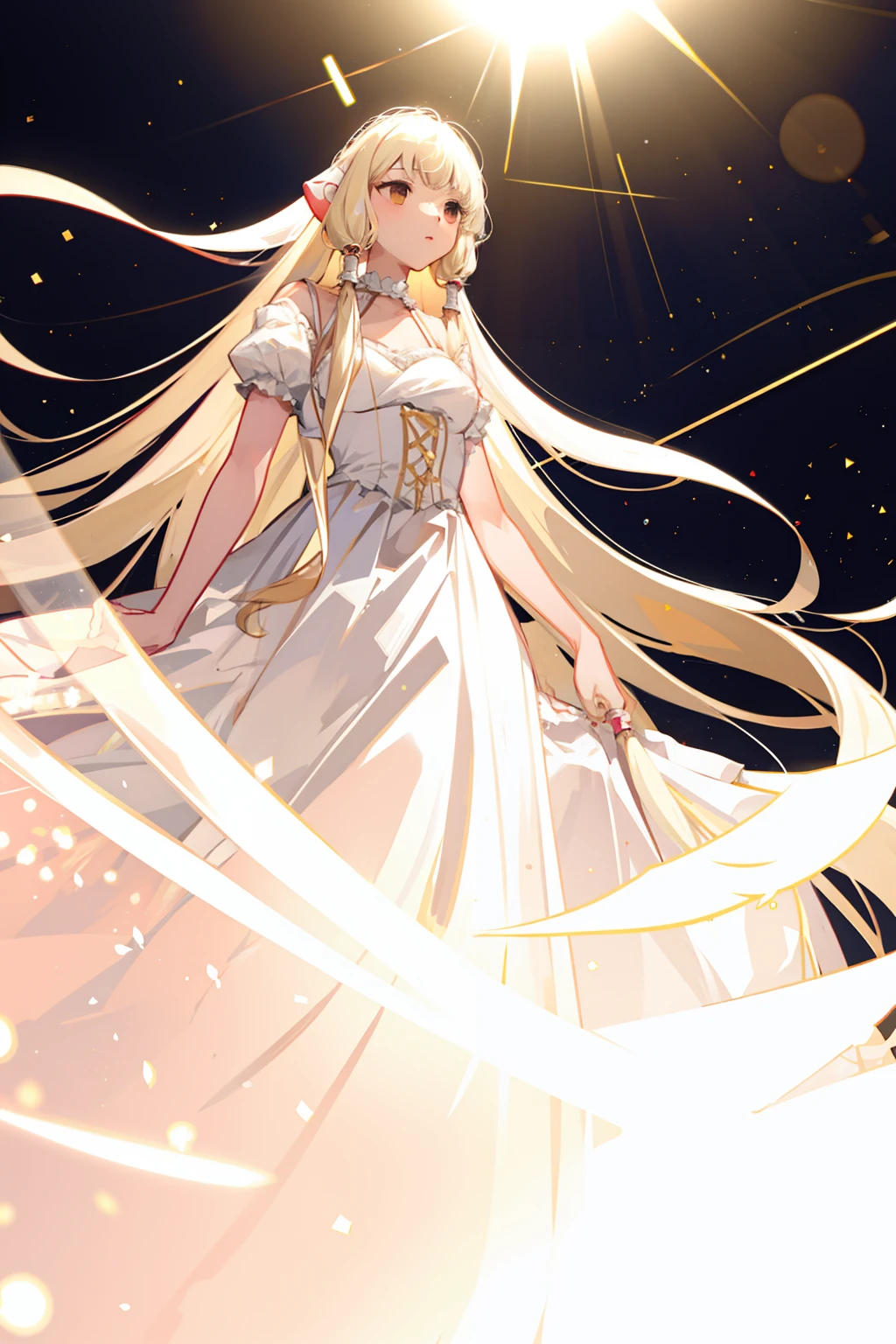 chii,
(dutch angle), full body, (from below)
(masterpiece, best quality, ultra-detailed), (beautiful detailed face, beautiful detailed eyes, volumetric lighting),
1girl, solo, brown eyes, expressionless, empty eyes, robot ears, platinum blonde hair, 
white dress, hair tubes, wedding dress, 
mksks style, (outdoors, beautiful lake, landscape, ), (light particles, lens flare, chromatic aberration:1.2),