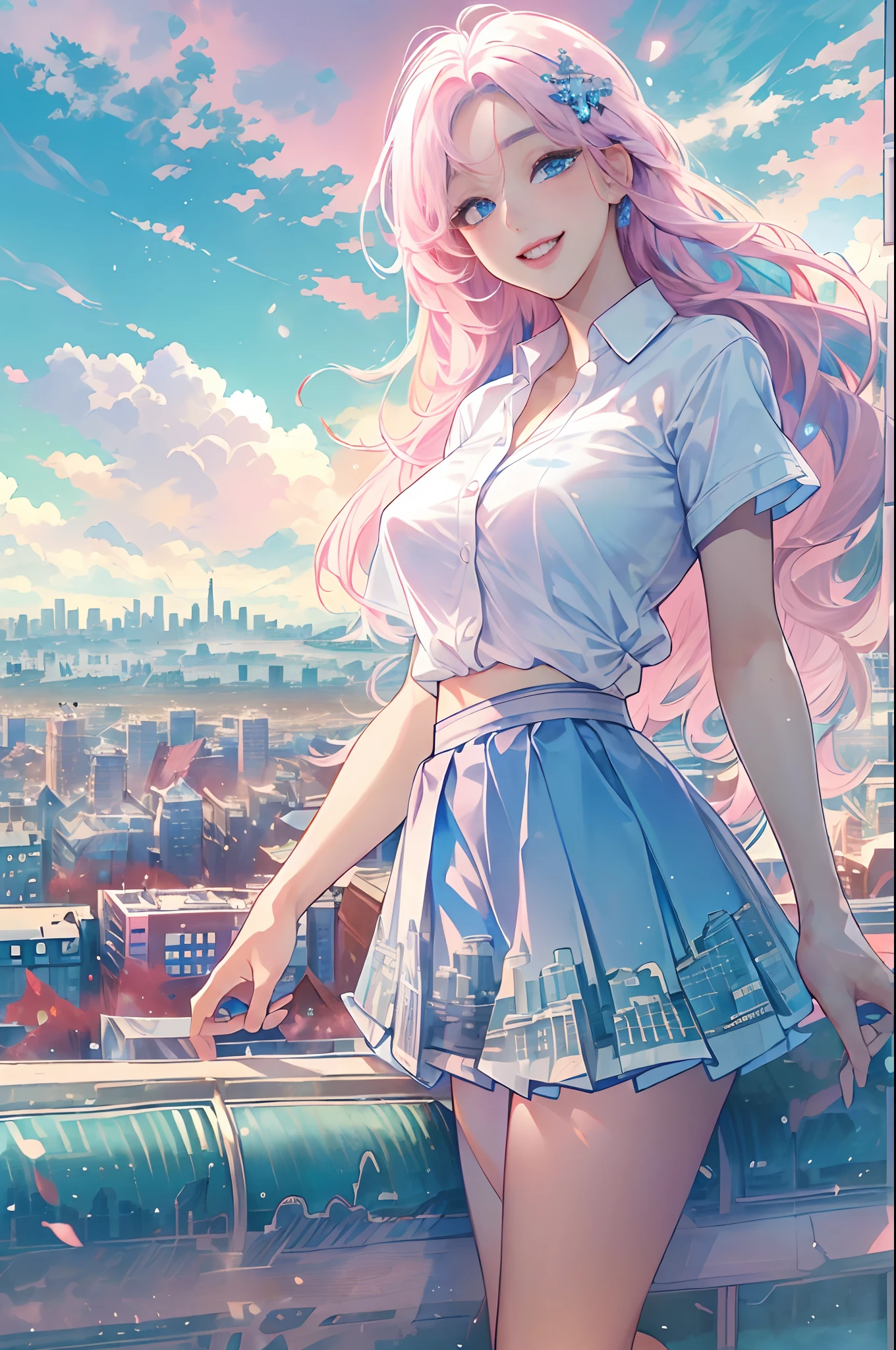 official art, masterpiece, sharp focus, (beautiful gorgeous cute Korean woman:1.3), (beautiful cute korean:1.3), korean beauty, Delicate and beautiful hair and eyes and face, realistic, ultra detailed, beautiful girl, blue sky, glow white particle, (sidelighting:1.2), sun light, white cloud, detailed clouds, slender, Lovely very large breasts and very large hips, smile with teeth, ((smile with eyes, open both eyes)), scenery, long straight hair, sexy facial expression, building, (cityscape:1.7), dynamic hair, long straight hair, detailed platinum pink hair, glow blue eyes, (blue pleated shirts + white skirt), white long socks, pale skin, hair ornament, epic scenery,