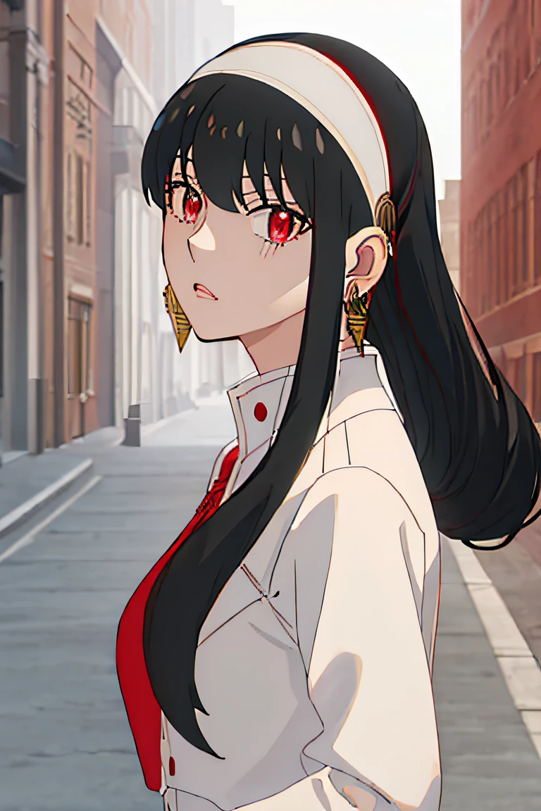 best quality, masterpiece, highres, solo, {yor_briar_spyxfamily:1.15}, black_hair, hairband, red_eyes, sidelocks, white_hairband, jewelry, earrings, bangs, long_hair