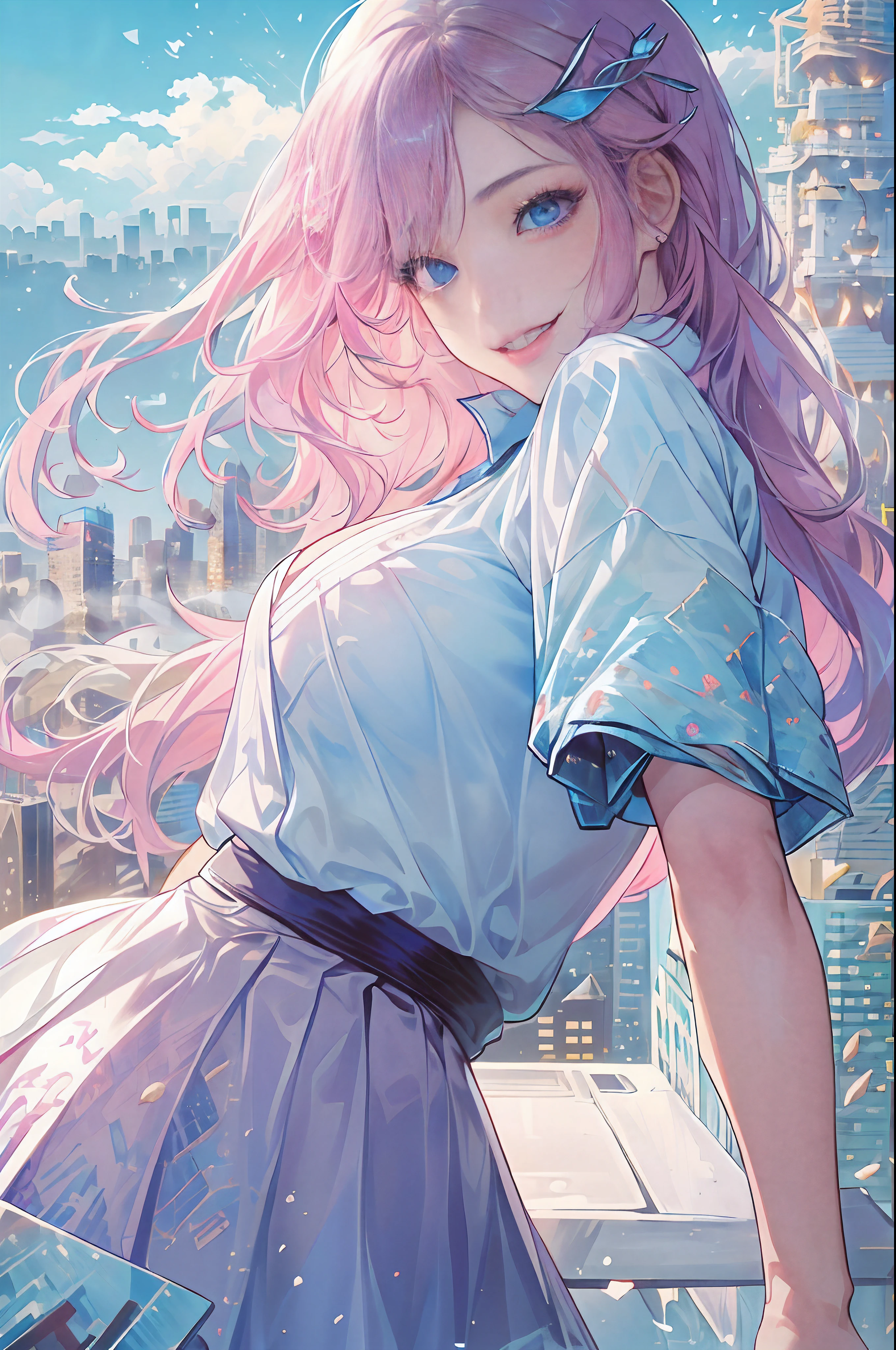 official art, masterpiece, sharp focus, (beautiful gorgeous cute Korean woman:1.3), (beautiful cute korean:1.3), korean beauty, Delicate and beautiful hair and eyes and face, realistic, ultra detailed, beautiful girl, blue sky, glow white particle, (sidelighting:1.2), sun light, white cloud, detailed clouds, slender, Lovely very large breasts and very large hips, smile with teeth, ((smile with eyes, open both eyes)), scenery, long straight hair, sexy facial expression, building, (cityscape:1.7), dynamic hair, long straight hair, detailed platinum pink hair, glow blue eyes, (blue pleated shirts + white skirt), white long socks, pale skin, hair ornament, epic scenery,