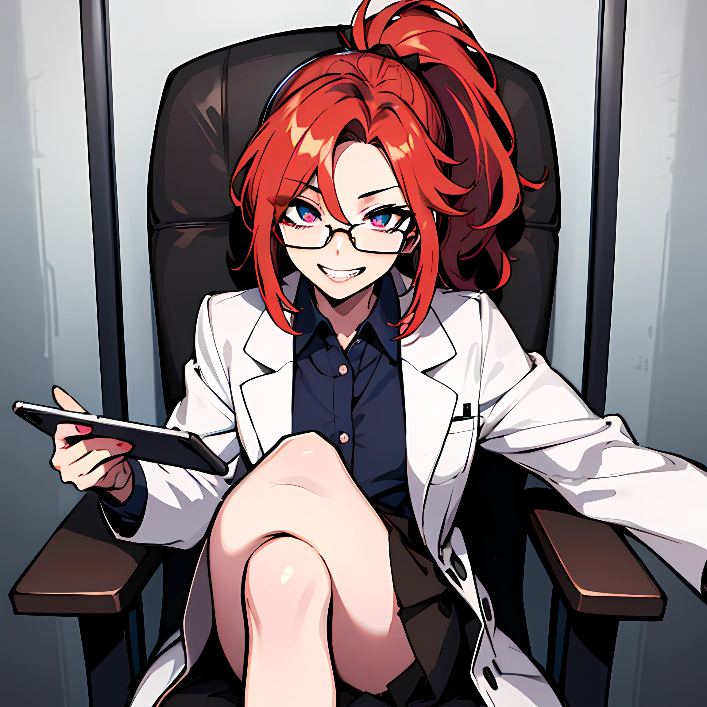 (absurdres, 8k, 4k, masterpiece, hyper extreme detailed:1.2), solo, 1girl, front view portrait, best quality, expressive eyes, perfect face, 1girl, portrait, solo, Female, mature female, adult, red hair, small bust, long shirt, white lab coat, swept bangs, side bangs, crazy face, crazy eyes, messy hair, medium hair, hair covering forehead, perfect anatomy, anatomically correct,  villain, evil, looking forward, forward view, expressive eyes, perfect eyes, crazy, science, scientist, mad scientist, experiment, psychotic, psychopath, sociopathic, sociopath, crazed, wide eyes, grin, round rimmed glasses, long brown skirt, lab coat, half body, covered forehead, downward bangs, insane, half body, ponytail, futuristic, gadget, hologram, tablet, leaning back, sitting in chair, leg crossed,
