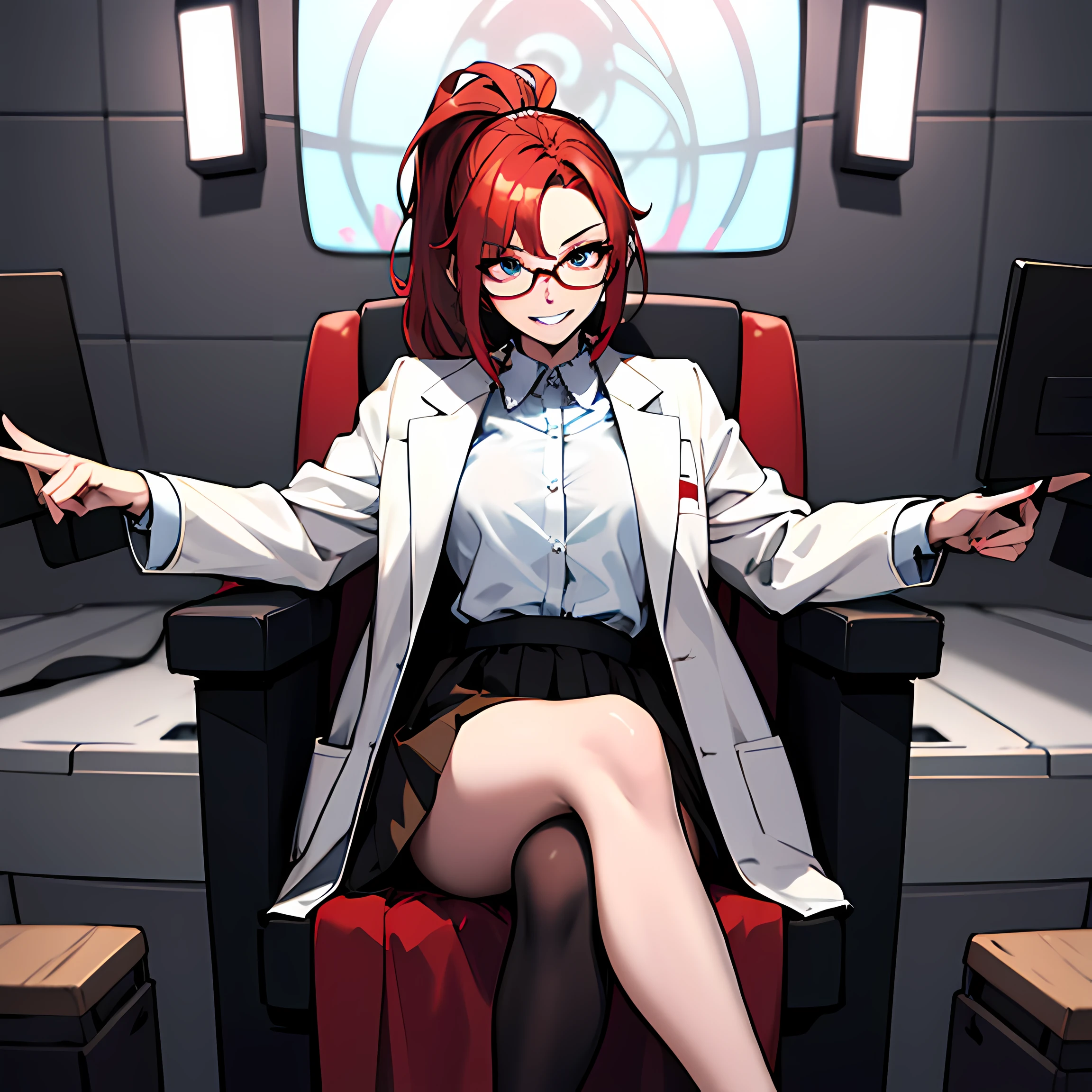 (absurdres, 8k, 4k, masterpiece, hyper extreme detailed:1.2), solo, 1girl, front view portrait, best quality, expressive eyes, perfect face, 1girl, portrait, solo, Female, mature female, adult, red hair, small bust, long shirt, white lab coat, swept bangs, side bangs, crazy face, crazy eyes, messy hair, medium hair, hair covering forehead, perfect anatomy, anatomically correct, villain, evil, looking forward, forward view, expressive eyes, perfect eyes, crazy, science, scientist, mad scientist, experiment, psychotic, psychopath, sociopathic, sociopath, crazed, wide eyes, grin, round rimmed glasses, long brown skirt, lab coat, half body, covered forehead, downward bangs, insane, half body, ponytail, futuristic, gadget, hologram, tablet, leaning back, sitting in chair, leg crossed,